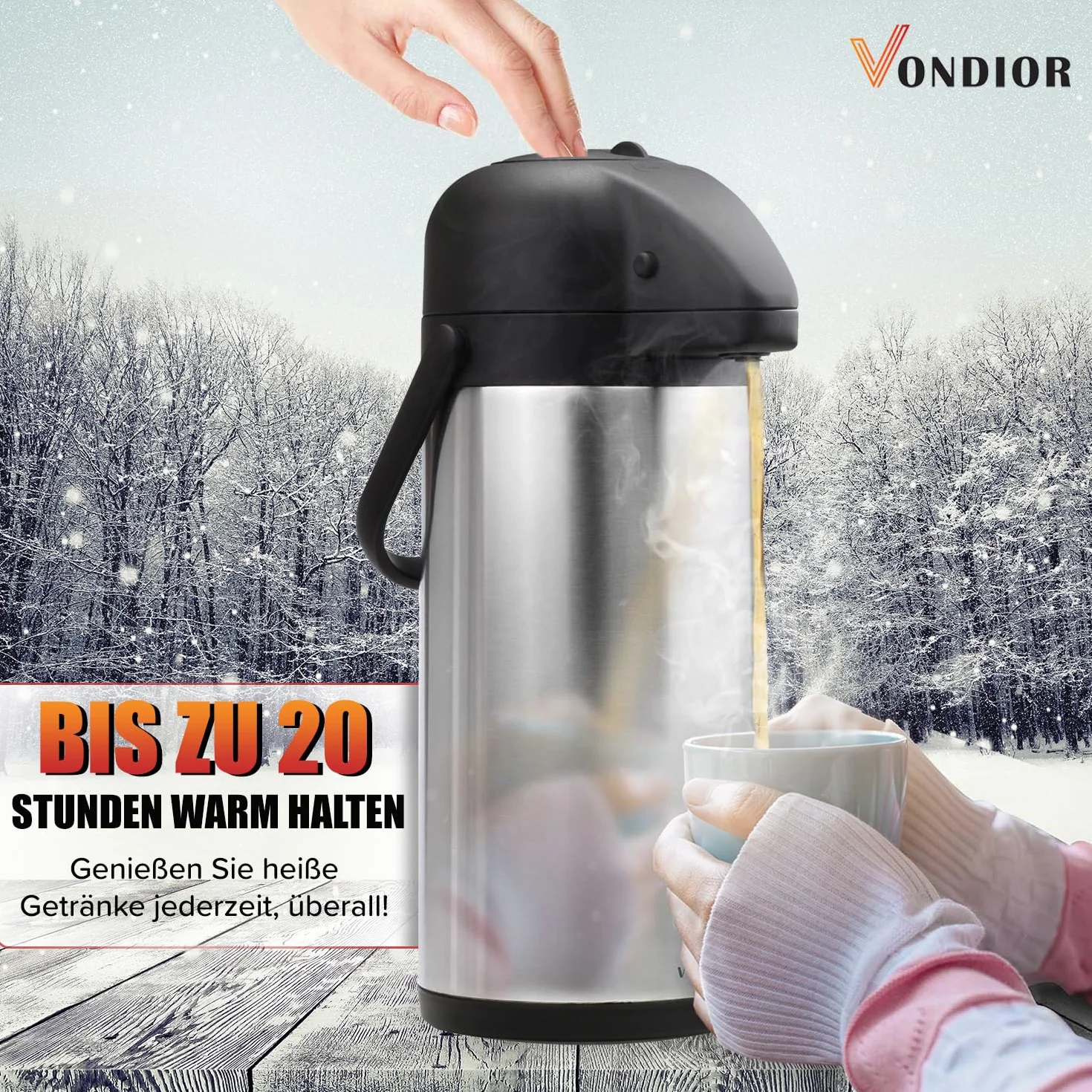 Vondior Carafe à café thermique 2,5 L, cafetière à pompe isolée en acier inoxydable, théière sous vide pour eau chaude/froide, boissons au chocolat de fête