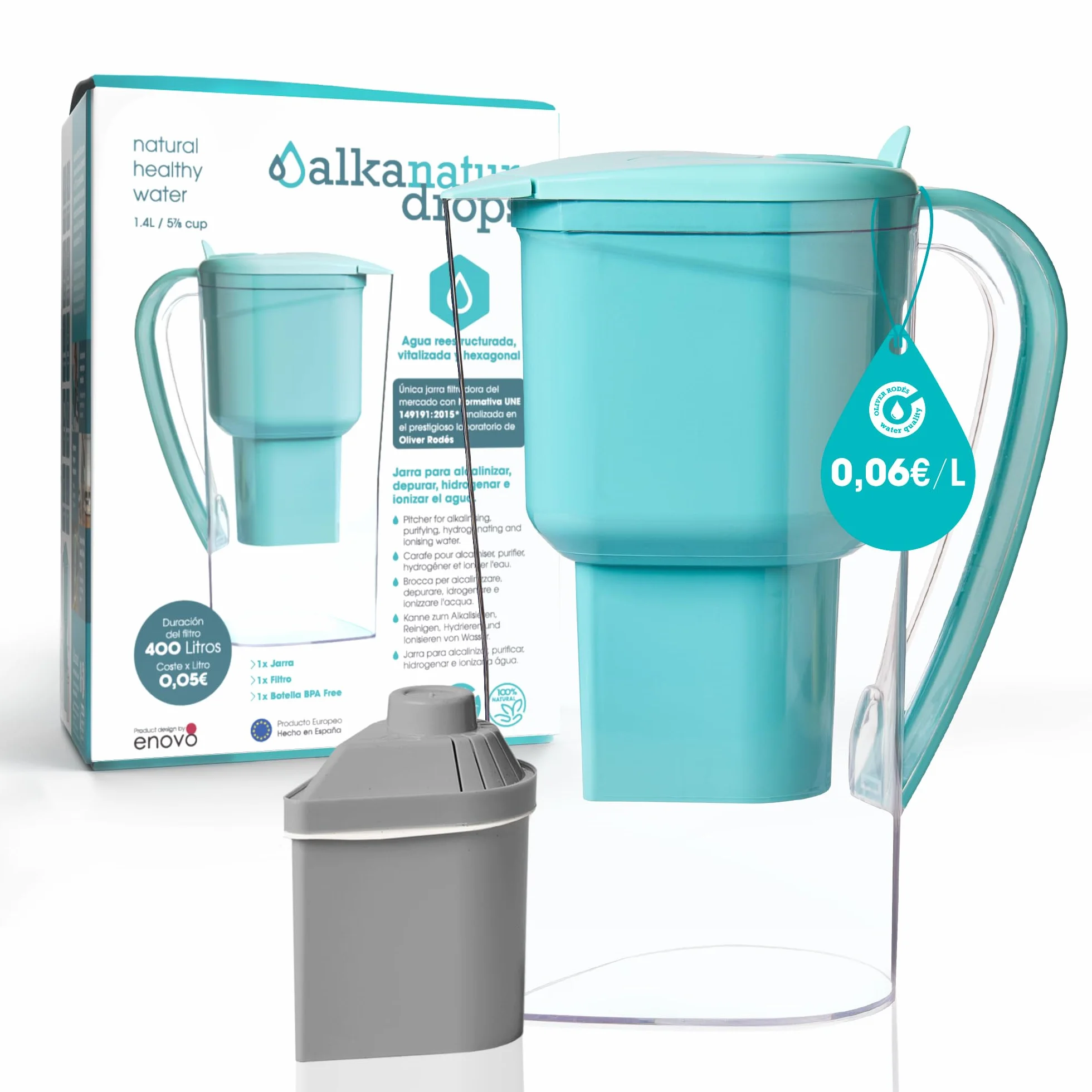 Carafe Filtrante Charbon Actif Eau Maison Alkanatur avec Filtre Zéolite Clinoptilolite Sans Resine Ajoute Magnesium Fabrication Europeenne pH 9 Capacité 1.4L Water Filter Jug Hydrogène Élimine Métaux