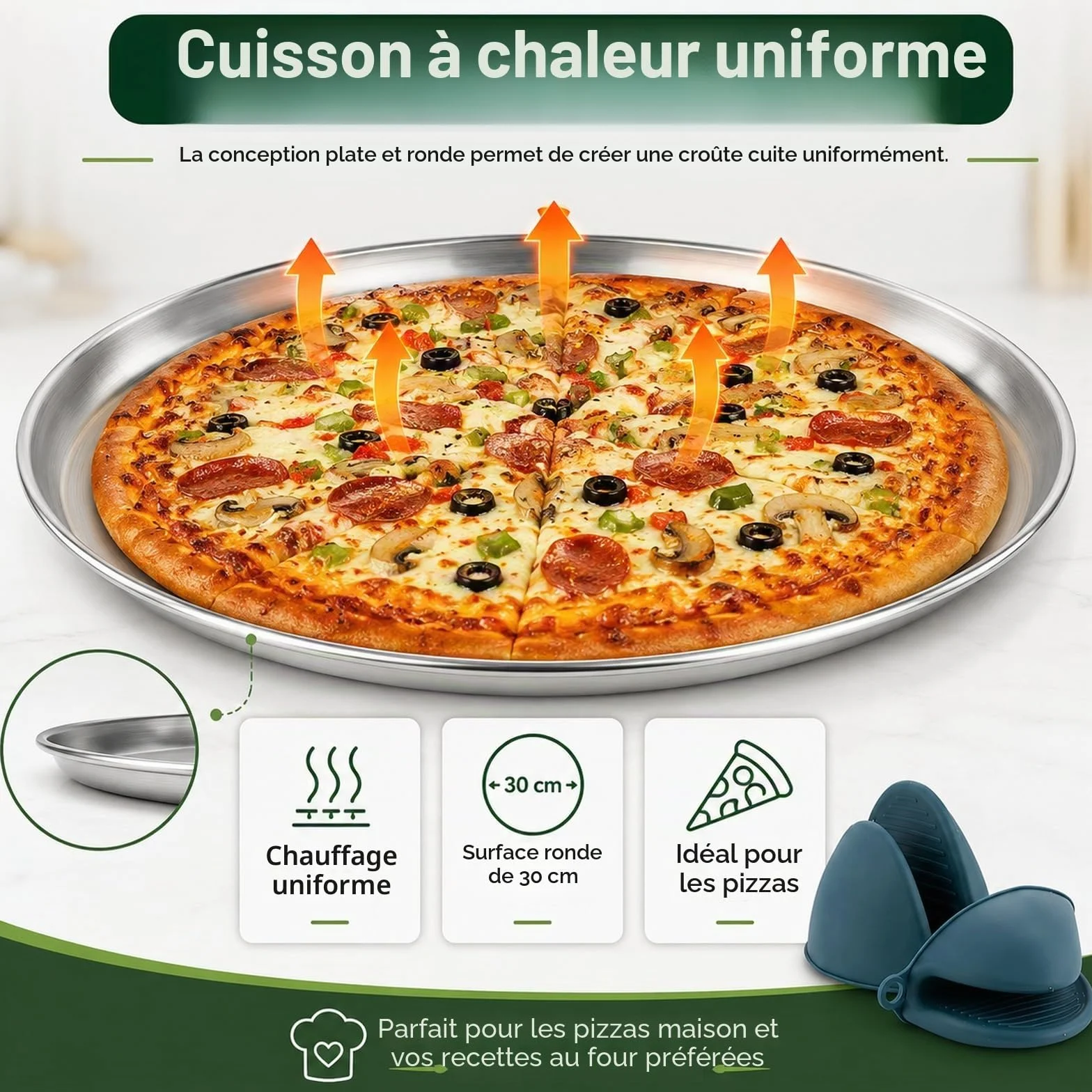 WOPPLXY Lot de 8 Plaque Pizza Four, Plaque Pizza 30cm avec des Gants en Silicone, Plat Pizzas Rond en Acier Inoxydable pour La Cuisson au Four