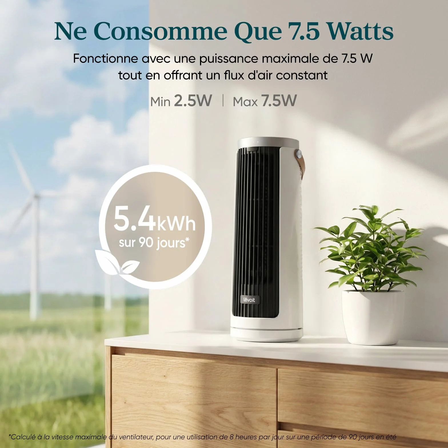 Levoit Windi Mini Ventilateur Colonne Silencieux 20 dB Moteur DC 7 m/s 4 Vitesses Oscillation 90° Minuterie 12H Télécommande