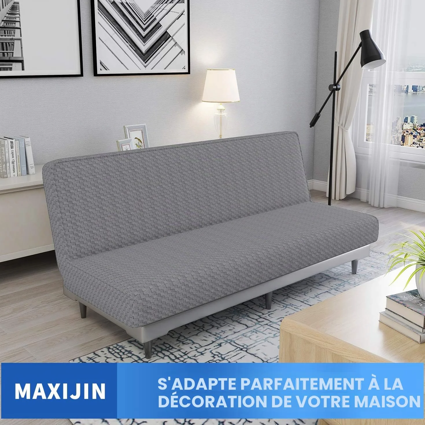 Housse de protection de futon en jacquard extensible sans accoudoirs, lavable en machine, gris clair