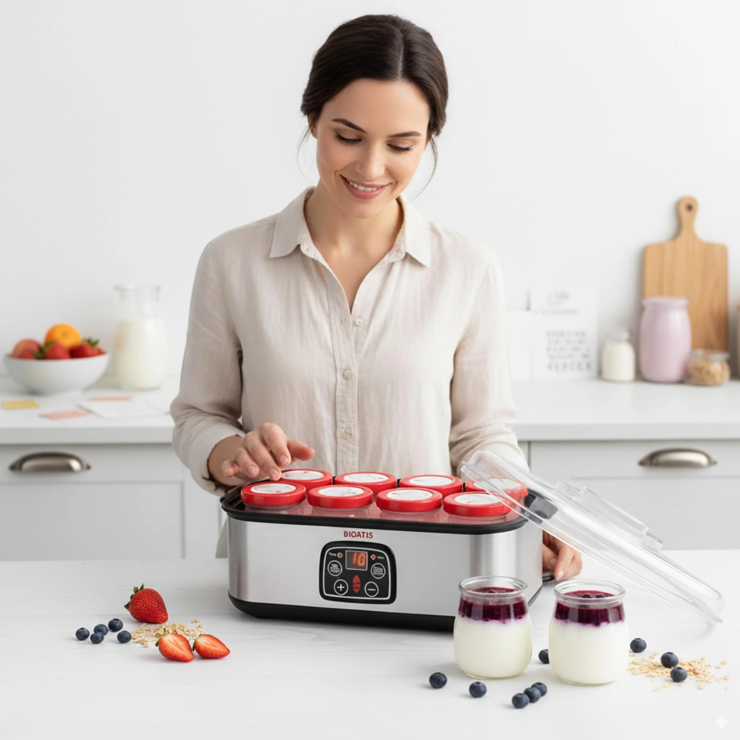 Yaourtière Inox Améliorée Compacte. 84 Recettes et Notice française. Couvercle hermétique avec Etiquette et Marqueur Inclus. 8 pots x 180ml en Verre sans BPA. Ecran LCD. Minuterie et Arrêt Automatique
