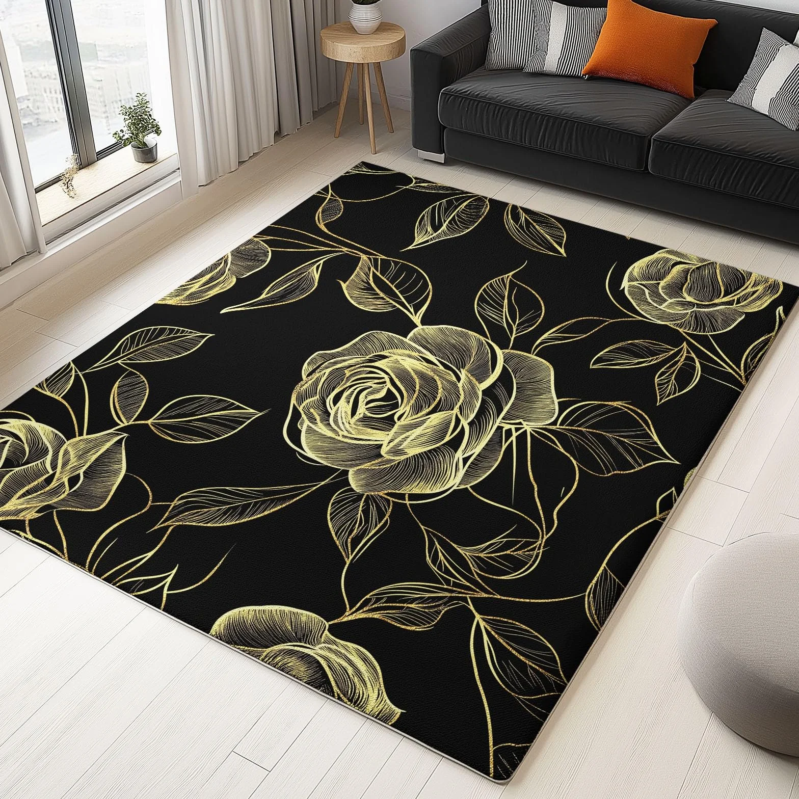 Tapis à Poils Ras, Conception de Lignes De Rêve De Roses Motif, Tapis Rectangulaire, Tapis Salon-Salle à Manger ou Adulte Chambre 140 x 200 cm Poil Court Léger Résistant Fin Doux, Noir Or