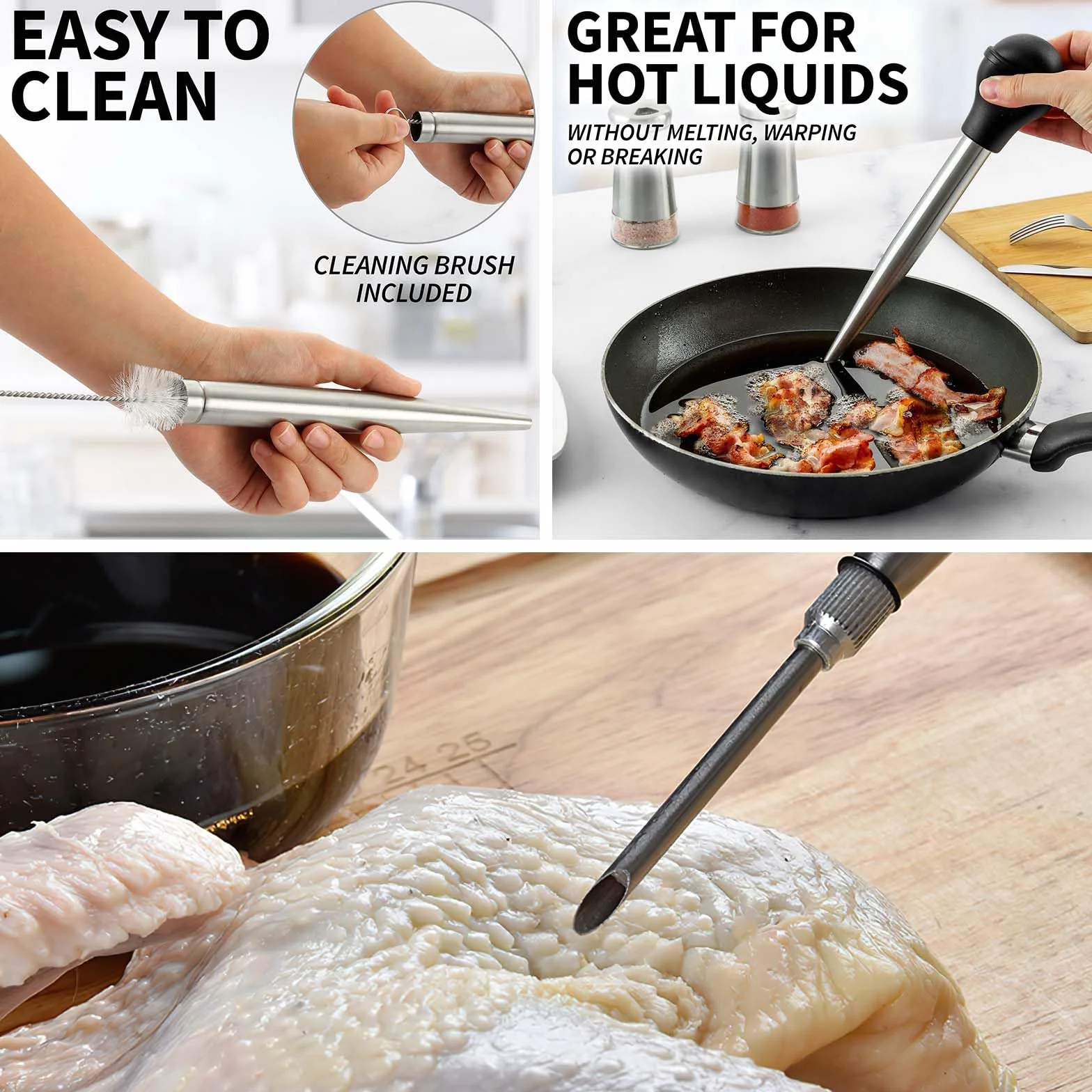 Seringue Alimentaire Poire à Sauce en Acier Inoxydable 304, Pipette INOX avec Clips Alimentaires