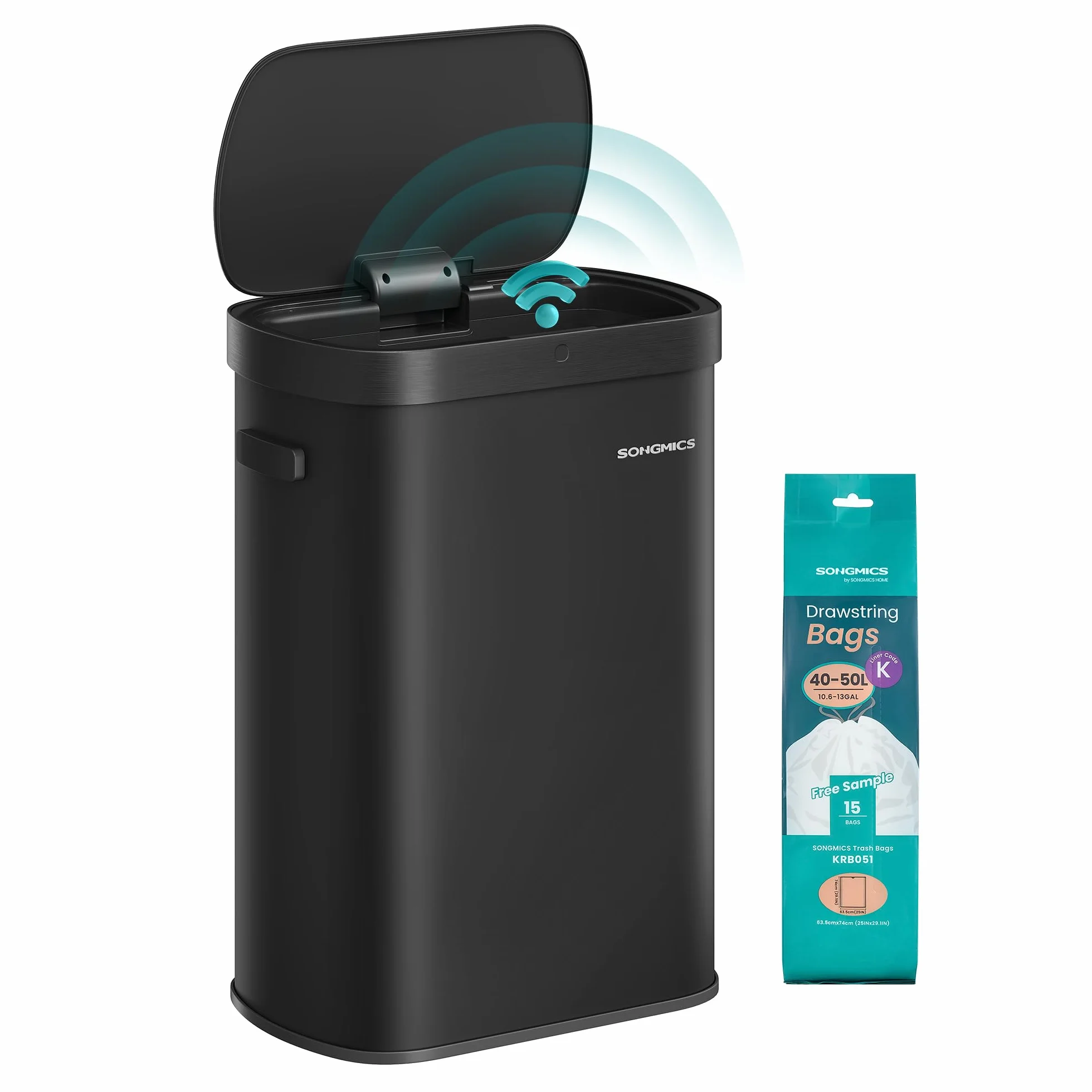 SONGMICS Poubelle de Cuisine Automatique 50 L, Capteur de Mouvement, Acier, Noir d'Encre LTB640B02