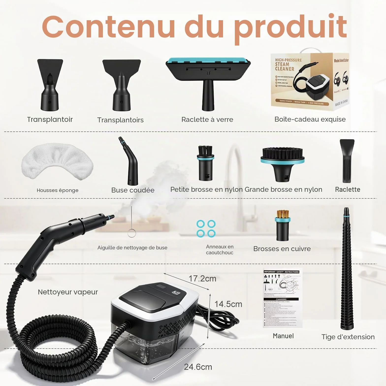 Nettoyeur Vapeur, Nettoyeur à Vapeur Portable 1500W Basse Pression, Chauffage Rapide 15s, Réservoir d’eau 1,8L, 12 Accessoires Inclus,Cuisine & Voiture, Blanc（Appuyez longuement sur 3s pour démarrer）