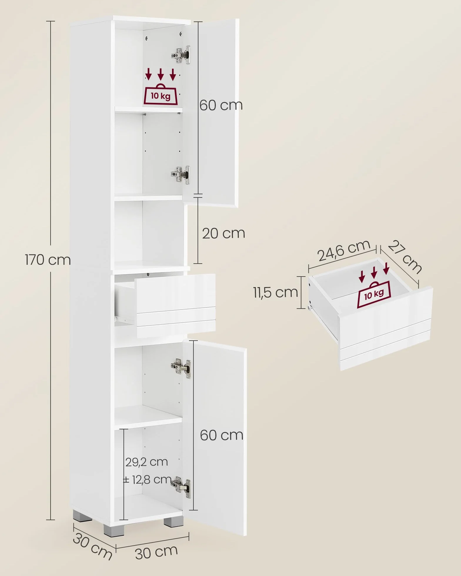 VASAGLE Armoire de Salle de Bain, Meuble de Rangement Colonne 30x30x170 cm Blanc