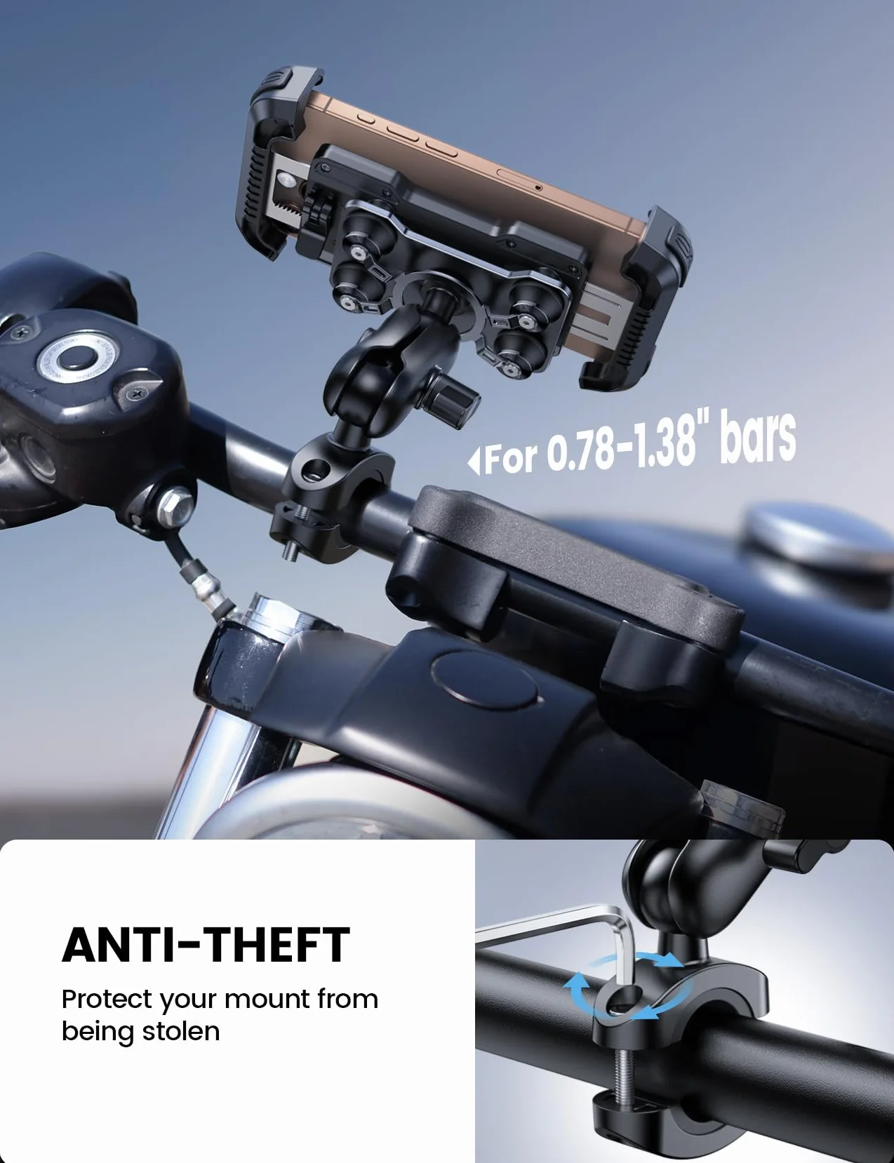 Lamicall Uchwyt na telefon dla motocykli, Montaż telefon motocykla, [Ochrona antykradzieżowa][Podwójna antywstrząsowa]Uchwyt rowerze regulowanym ramieniem dla iPhone 16 15 14 13 12,4,7-6,7" -Niebieski