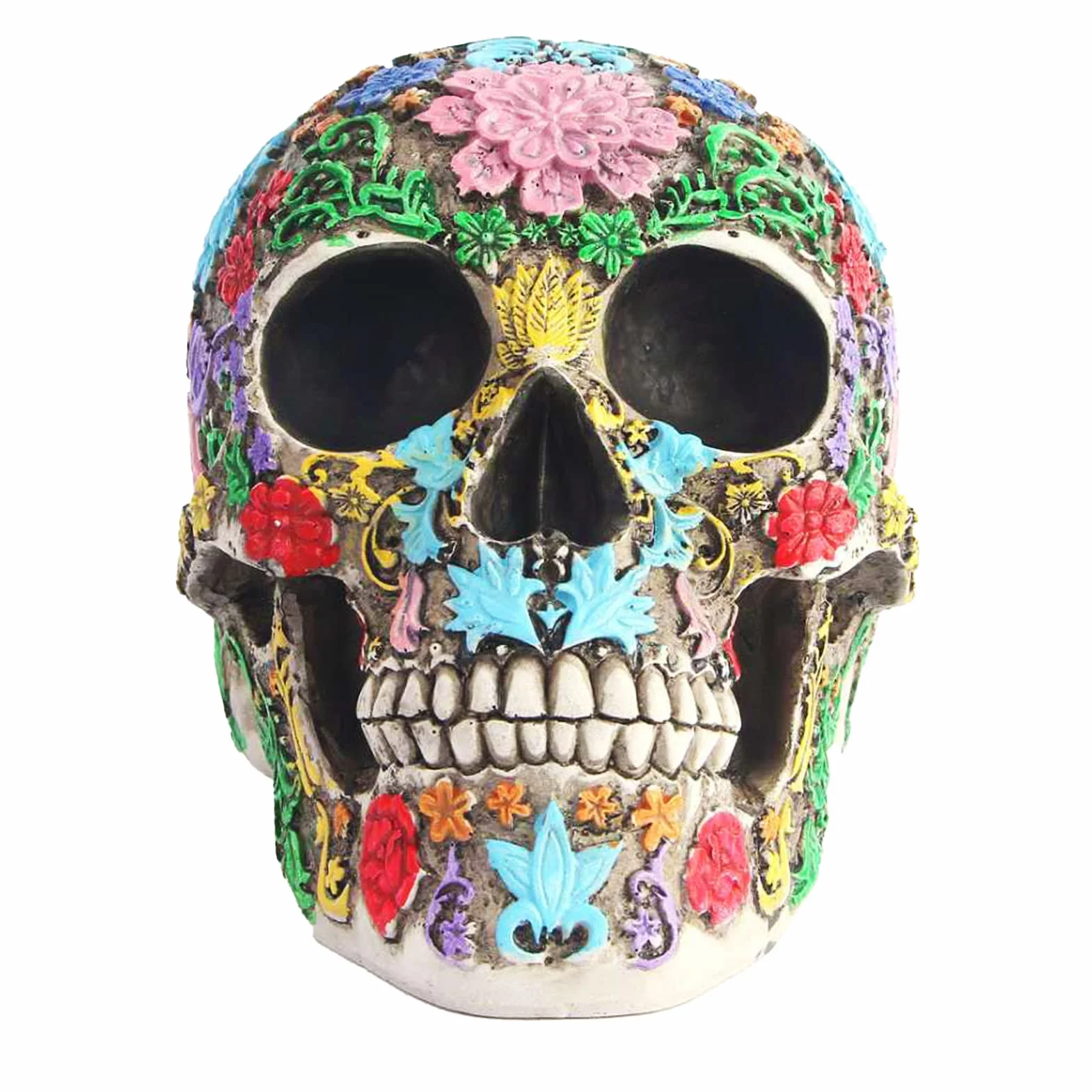 Tête de Mort Sculptée Design Jour des Morts, Statue Crâne avec Pétales, Sugar Skull Résine Ornement Halloween Maison