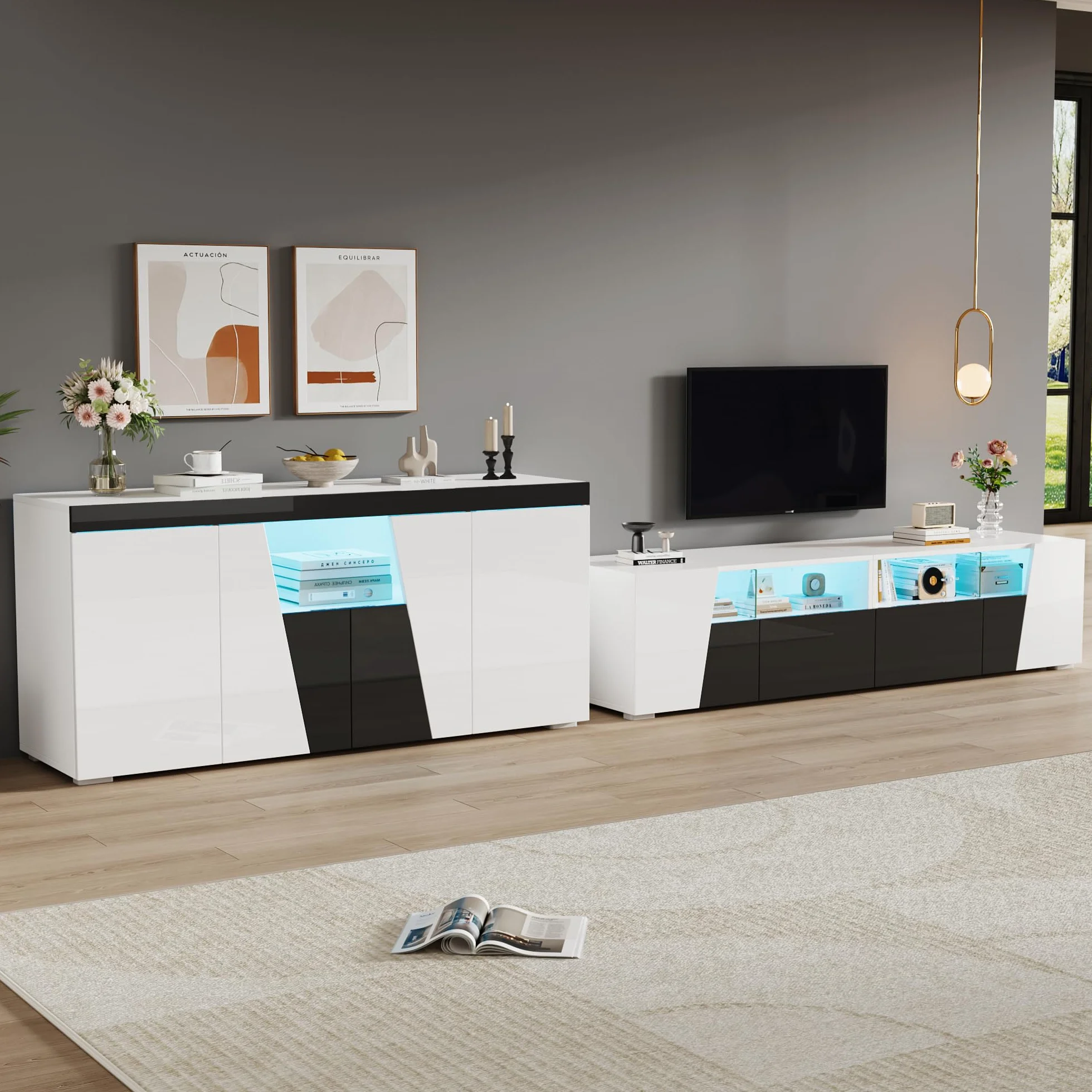 OKMYHOME Ensemble Meuble TV et Buffet avec LED Finition Haute Brillance 180 cm + 140 cm Blanc Noir