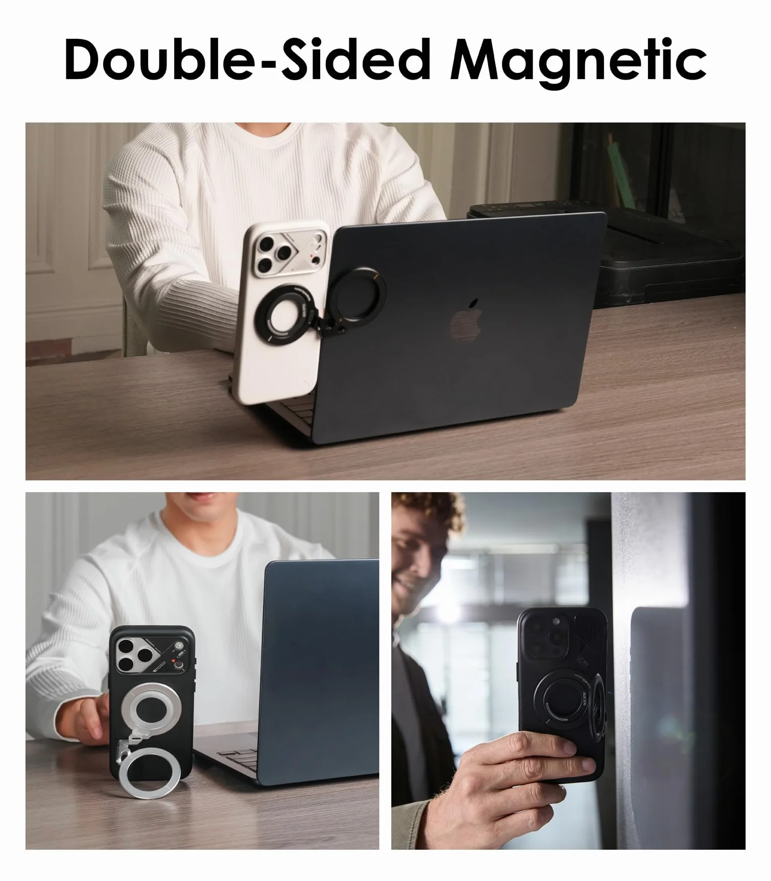 Aulumu G09 uchwyt na telefon komórkowy MagSafe, obracany o 360°, aluminiowy dwustronny magnetyczny uchwyt na palec do iPhone 17 16 15 14 13 12 i etui na telefon komórkowy Samsung, czarny