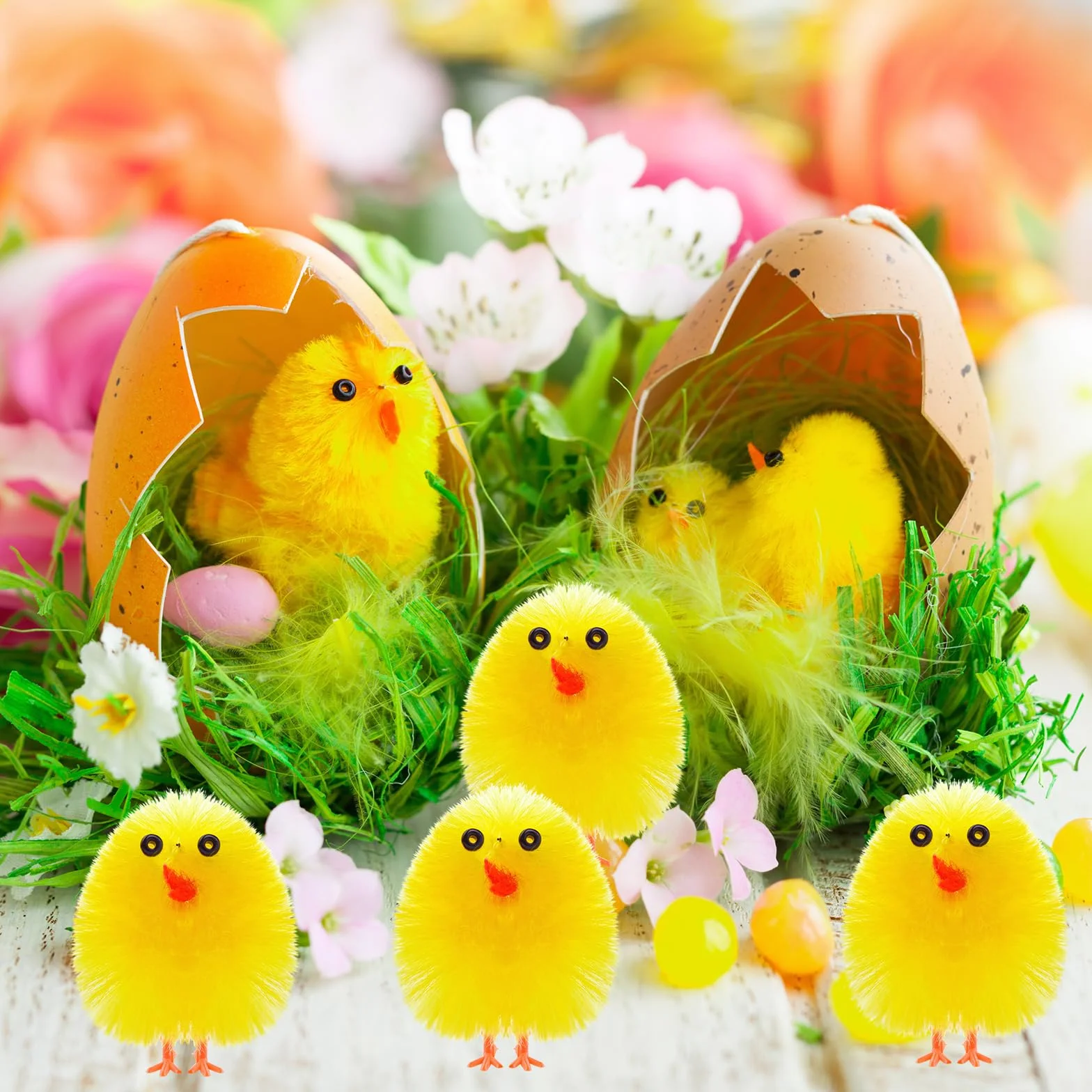 PLULON Lot de 36 mini poussins jaunes de Pâques en chenille pelucheuse