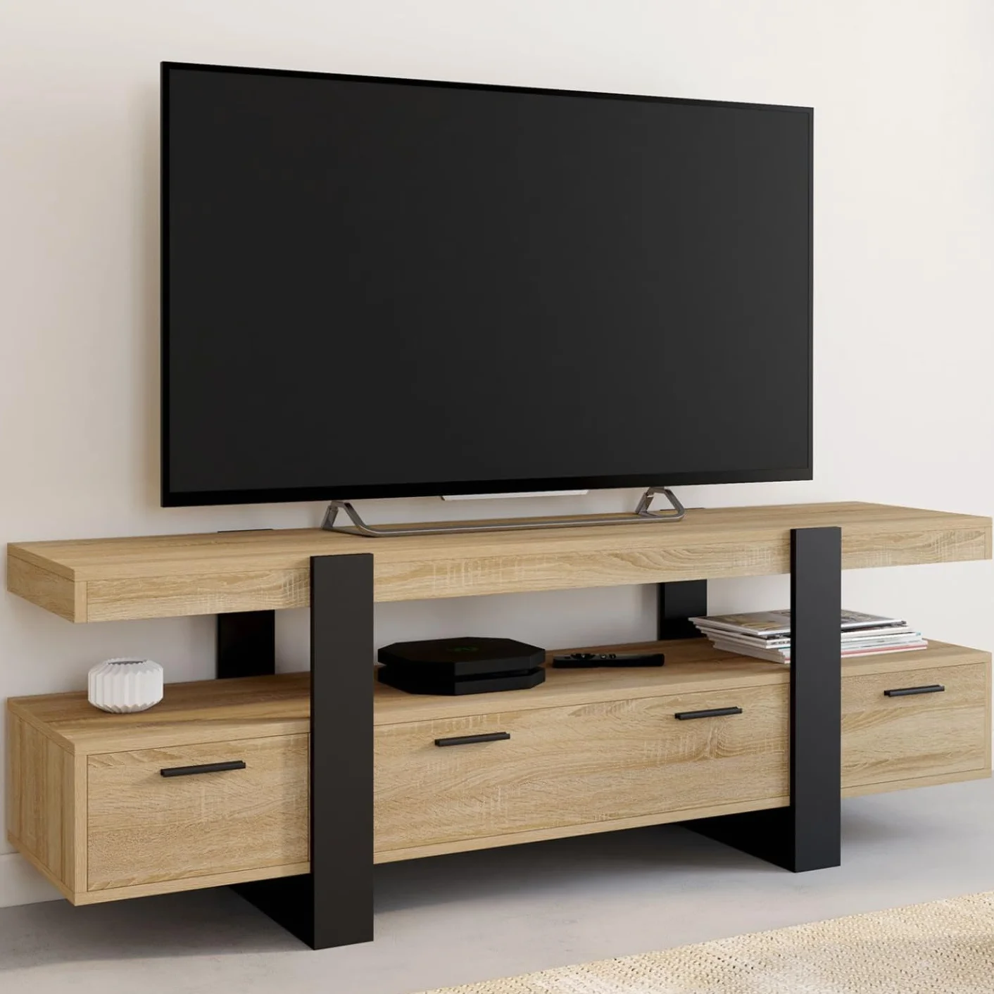 Meuble TV 140 cm Phoenix avec tiroirs Bois Noir