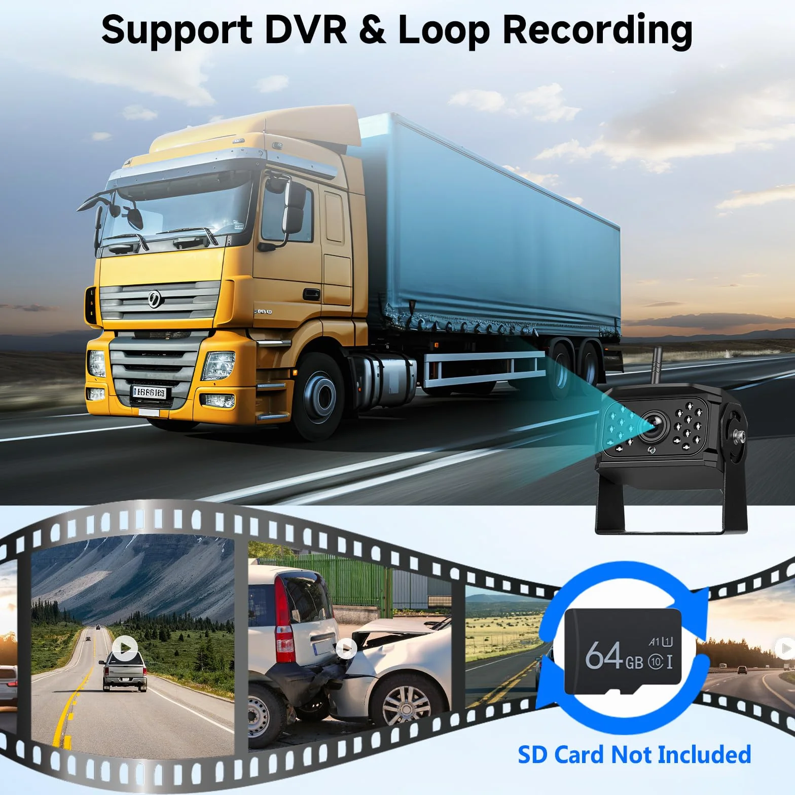 VECHTEL Bezprzewodowa kamera cofania 1080P z 7-calowym monitorem IPS, zestaw DVR+2 x kamera cofania samochodu, IP68, noktowizor, linie jazdy DIY, do ciężarówek, autobusów, Van, kamperów, SUV,