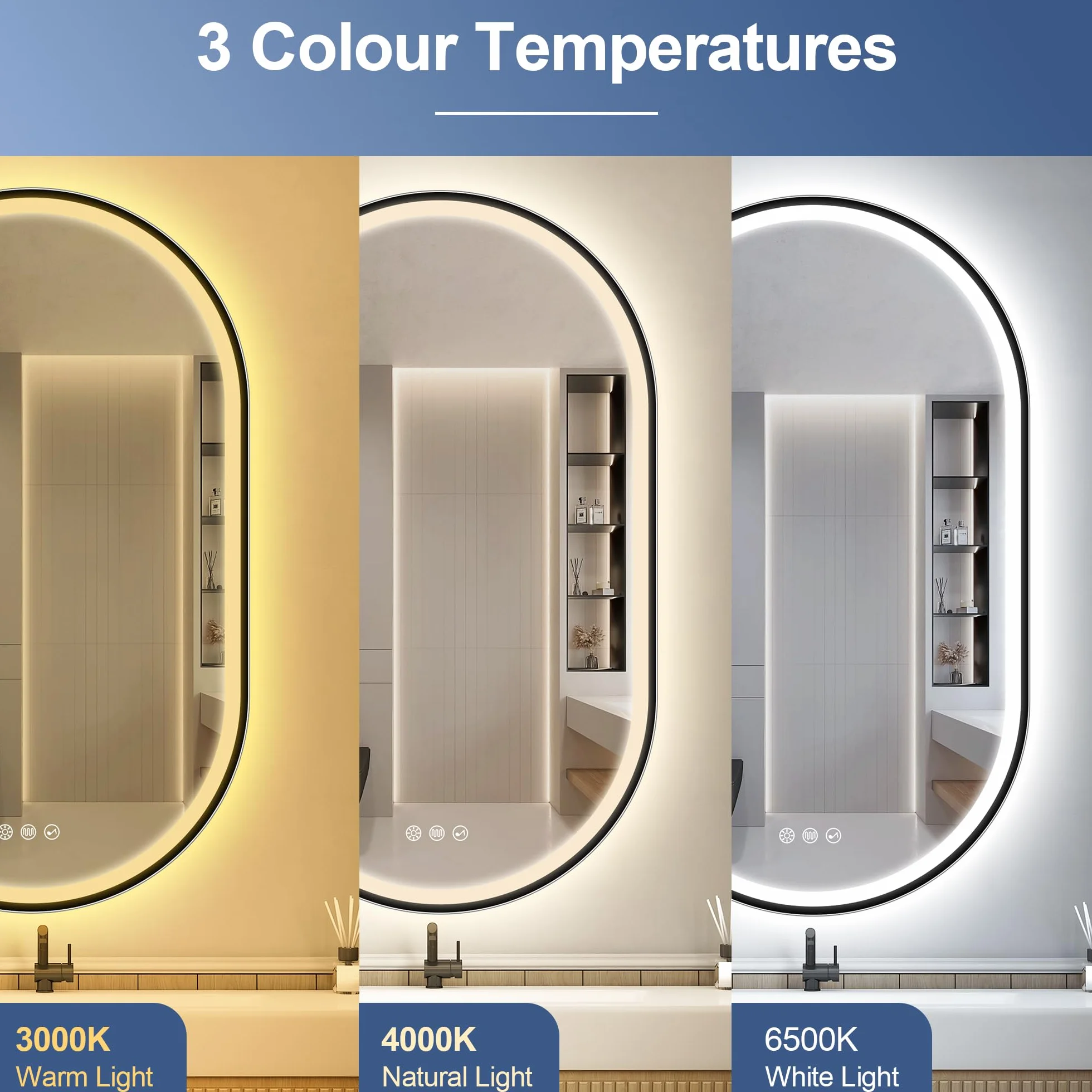 Miroir Salle de Bain avec Éclairage 80x50cm Bluetooth Anti-buée Dimmable IP44 Verre Trempé