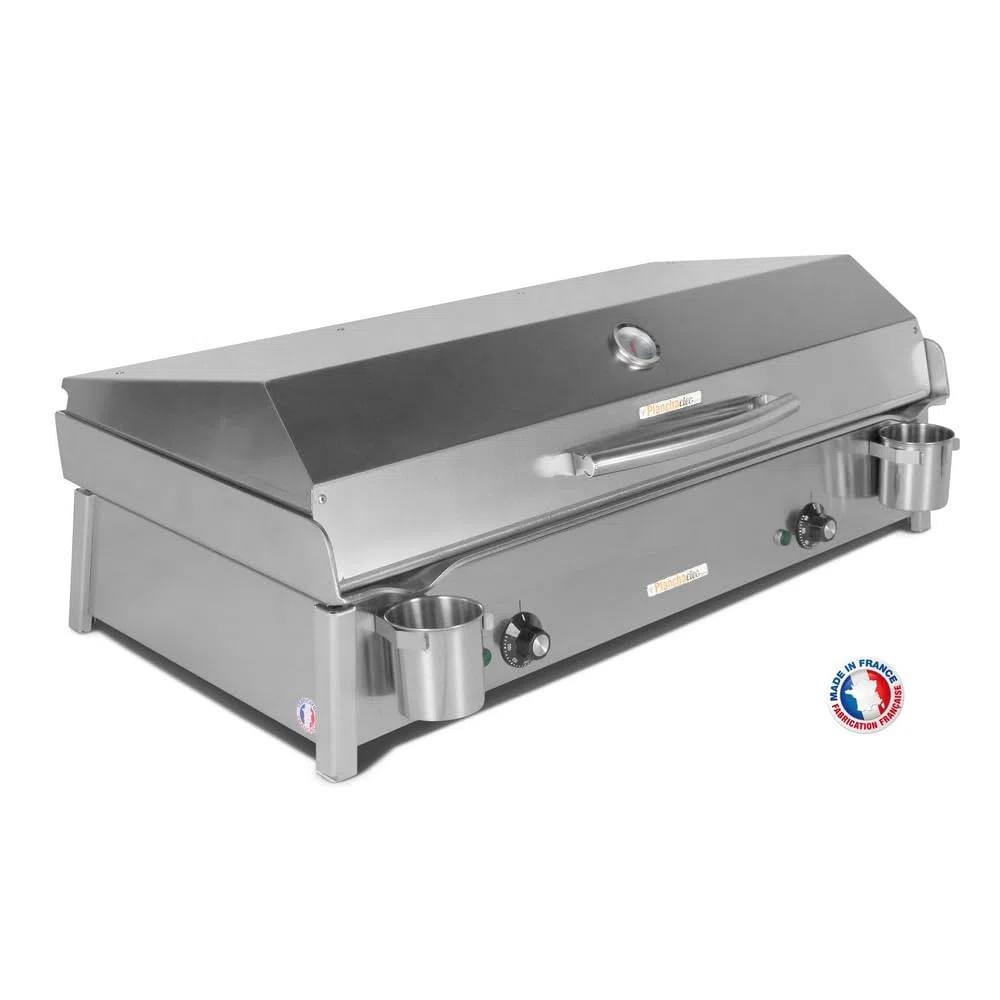 PLANCHAELEC - Plancha Electrique ANTHEA E870-3600W - Couvercle + 2 Ustensiles - Inox - Thermostat Réglable - 16 Personnes - Made In France - L87 X P43 X H25 cm