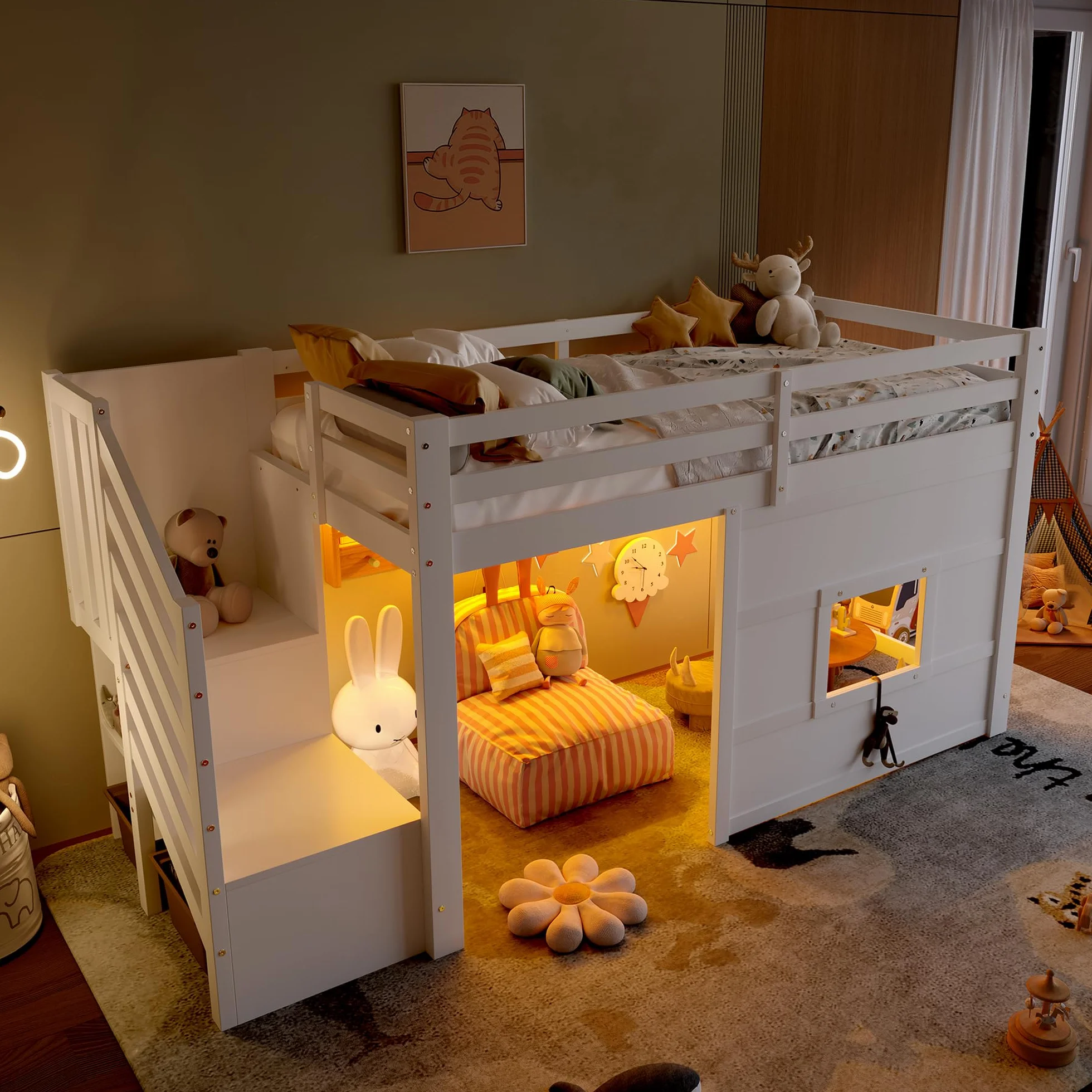Lit Mezzanine Enfant 90x200 avec Escalier de Rangement, Cadre de Lit Enfant Fenêtre et Éclairage LED - Cadre de Lit en Bois Stable