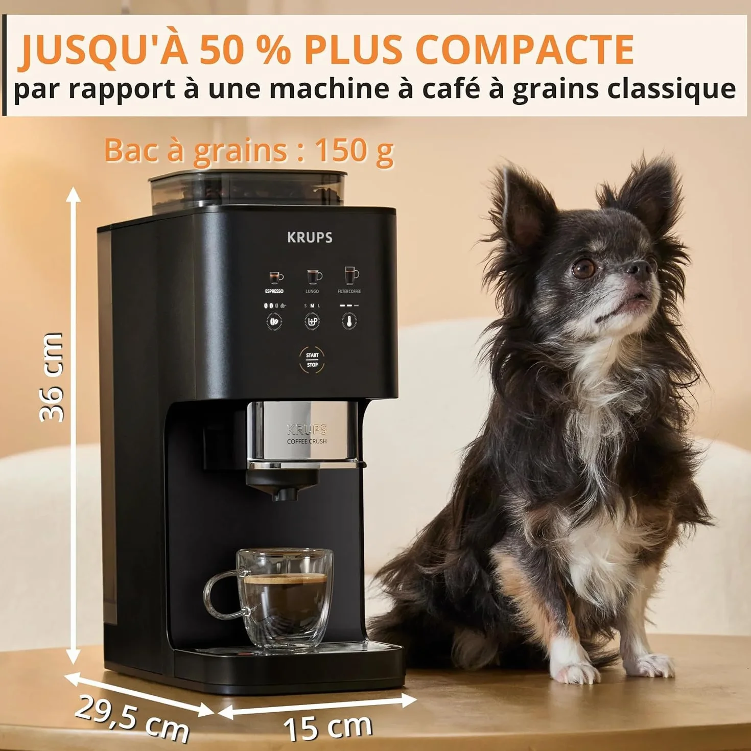 KRUPS Coffee Crush Extra, Machine à café à grains, ultra compacte, nettoyage facile, noir, SA4028E0