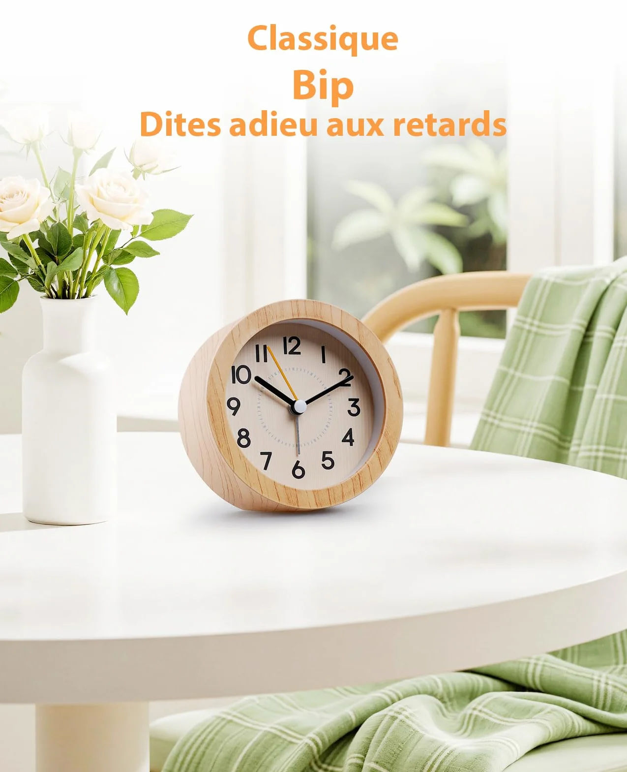 Réveil Matin Silencieux sans Tic-tac en ABS Léger Recyclable Motif Bois Veilleuse Douce