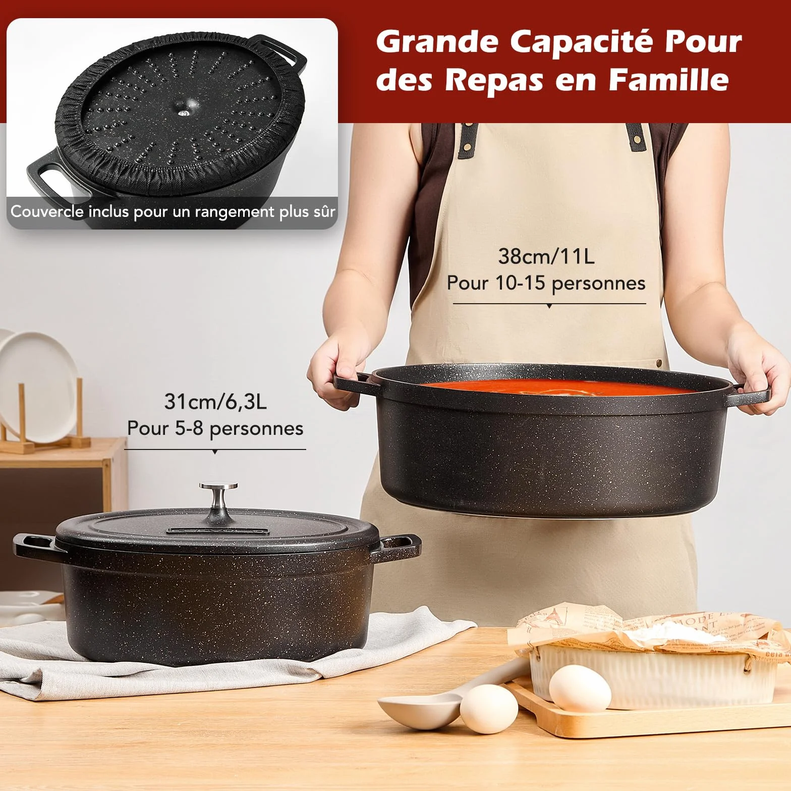 Cocotte Fonte Induction 11 Litres 38cm Ovale Faitout en Fonte d’Aluminium avec Revêtement Antiadhésif, Marmite avec Couvercle, Idéale pour les Grandes Familles, Four et Gaz, Noir