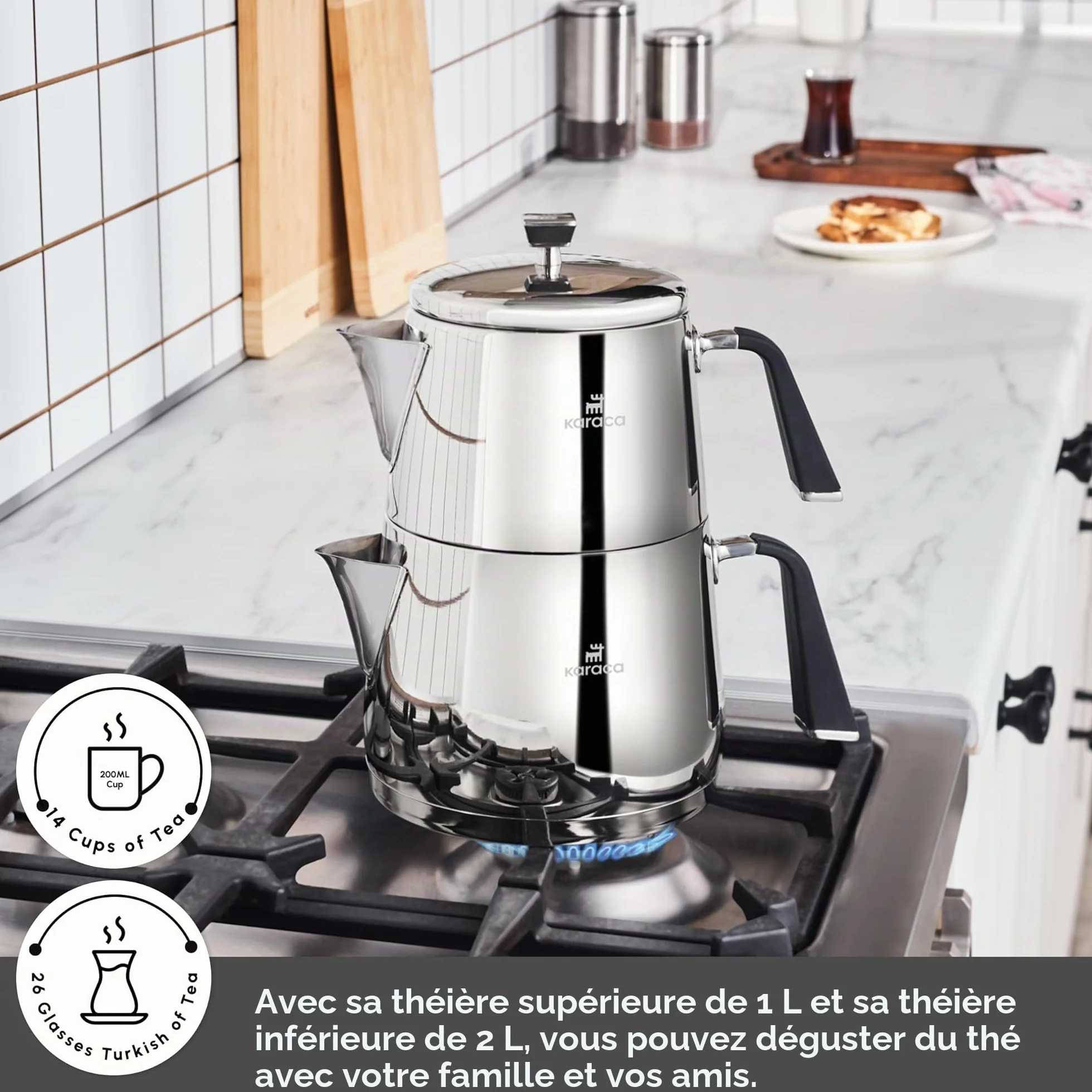 Karaca Fiona Set de Théière Turque en Acier Inoxydable, Bouilloire 2L, Théière 1L, Poignées Résistantes à la Chaleur, Finition Poli, Turkish Teapot & Caydanlik, Compatible Induction, Noir