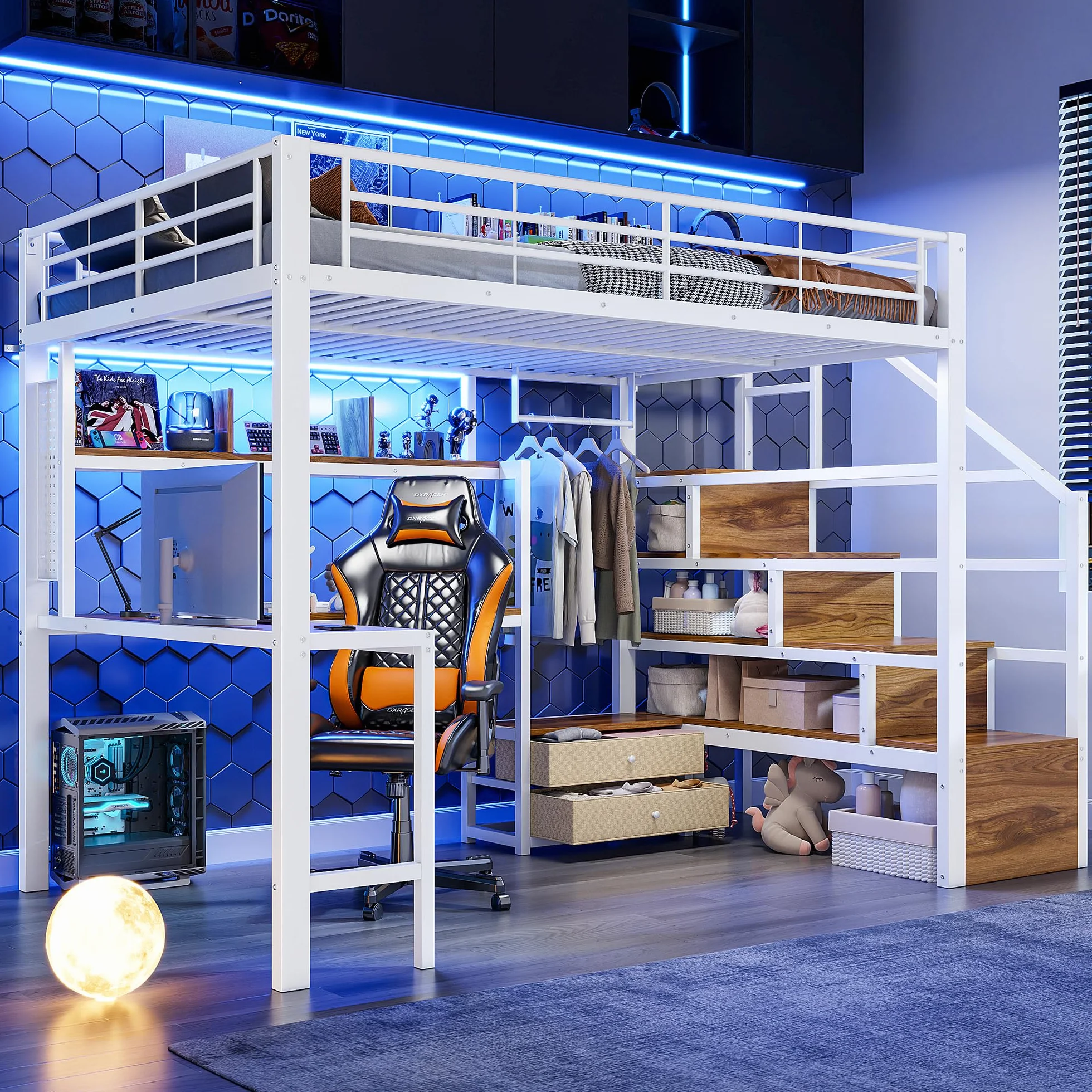 Lit Mezzanine Enfant 140x200 cm - Lit Enfant 1 Place avec Bande LED, Rangement, Cadre en Fer, 2 Tiroirs, Grille De Suspension, Bureau, Escalier avec Rangement, Blanc (sans Matelas)
