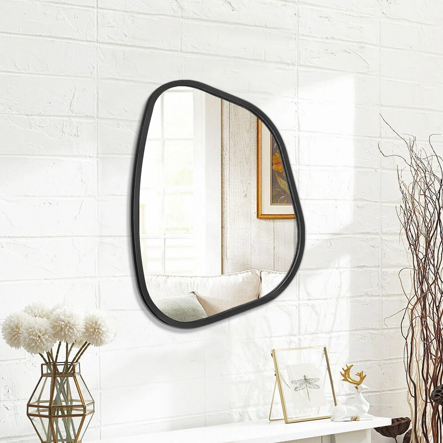 Miroir asymétrique noir mural ovale irrégulier cadre en bois moderne décoratif salon chambre salle de bain