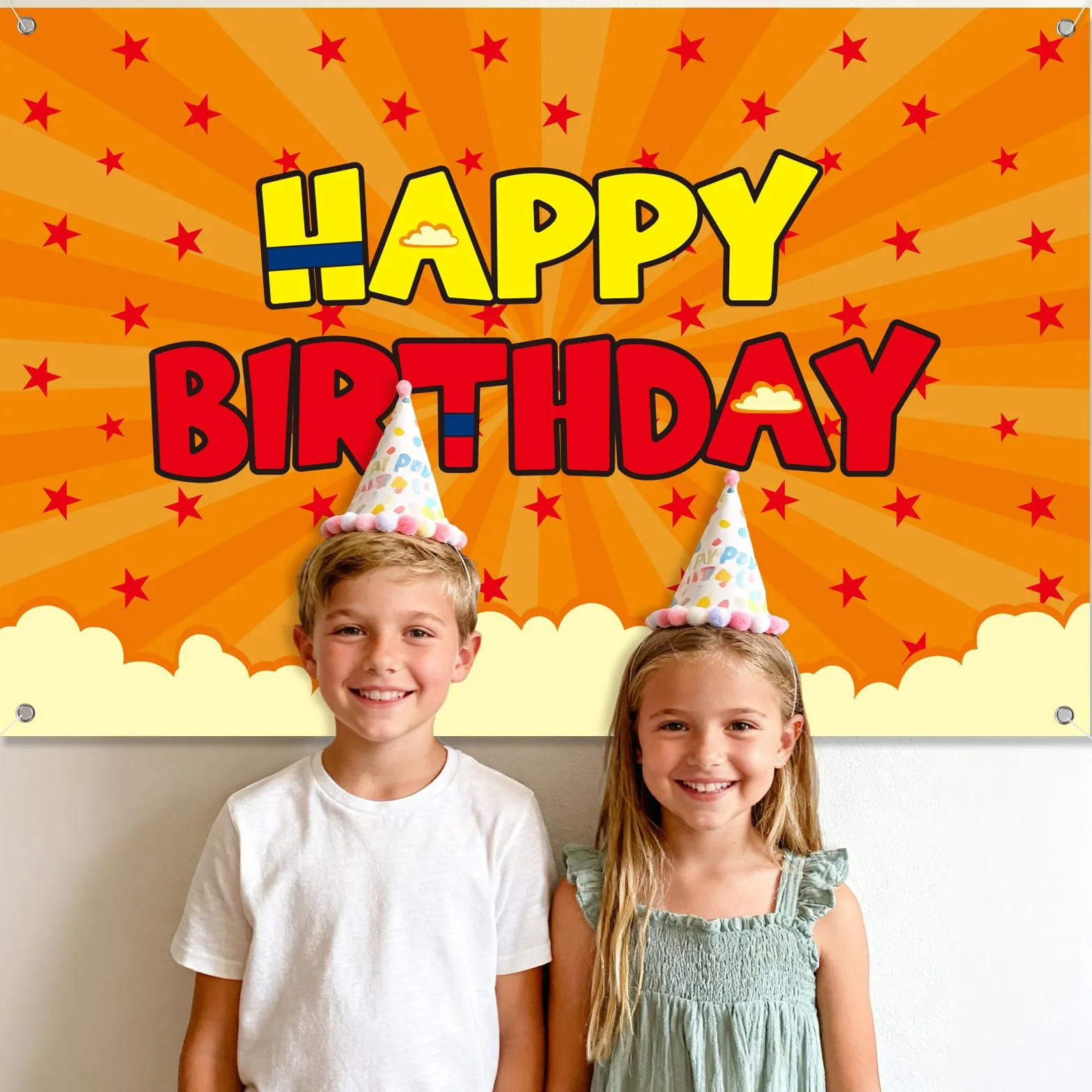 SAVITA Anime Birthday Banner 152x100cm Étoiles Jaunes et Rouges Décoration Photo Fête Garçons Enfants