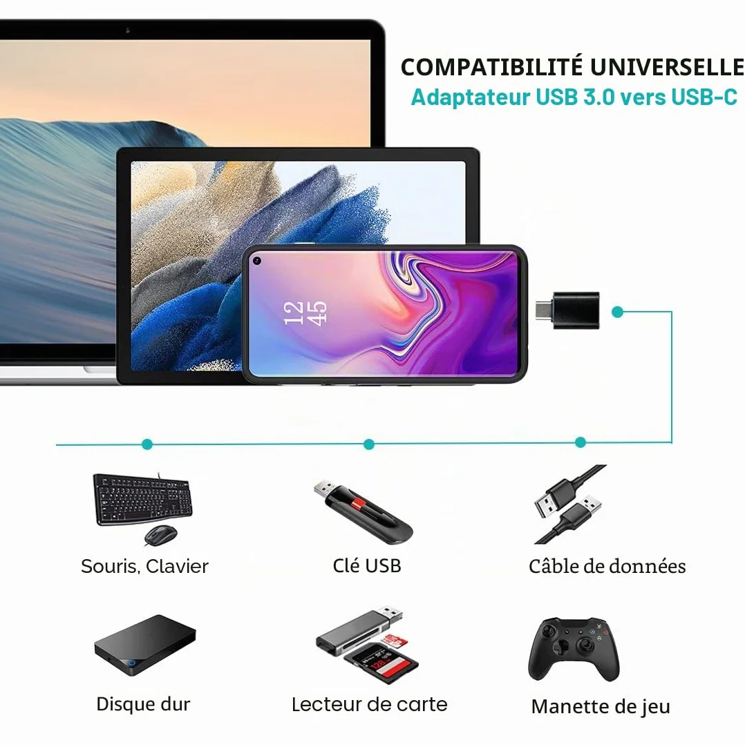 Lot de 4 Adaptateurs USB C vers USB 3.0 OTG, Micro USB vers USB C Compatible MacBook Pro Air iPhone 17 16 15 iPad Samsung Galaxy S25 S24 S23 A56 A16