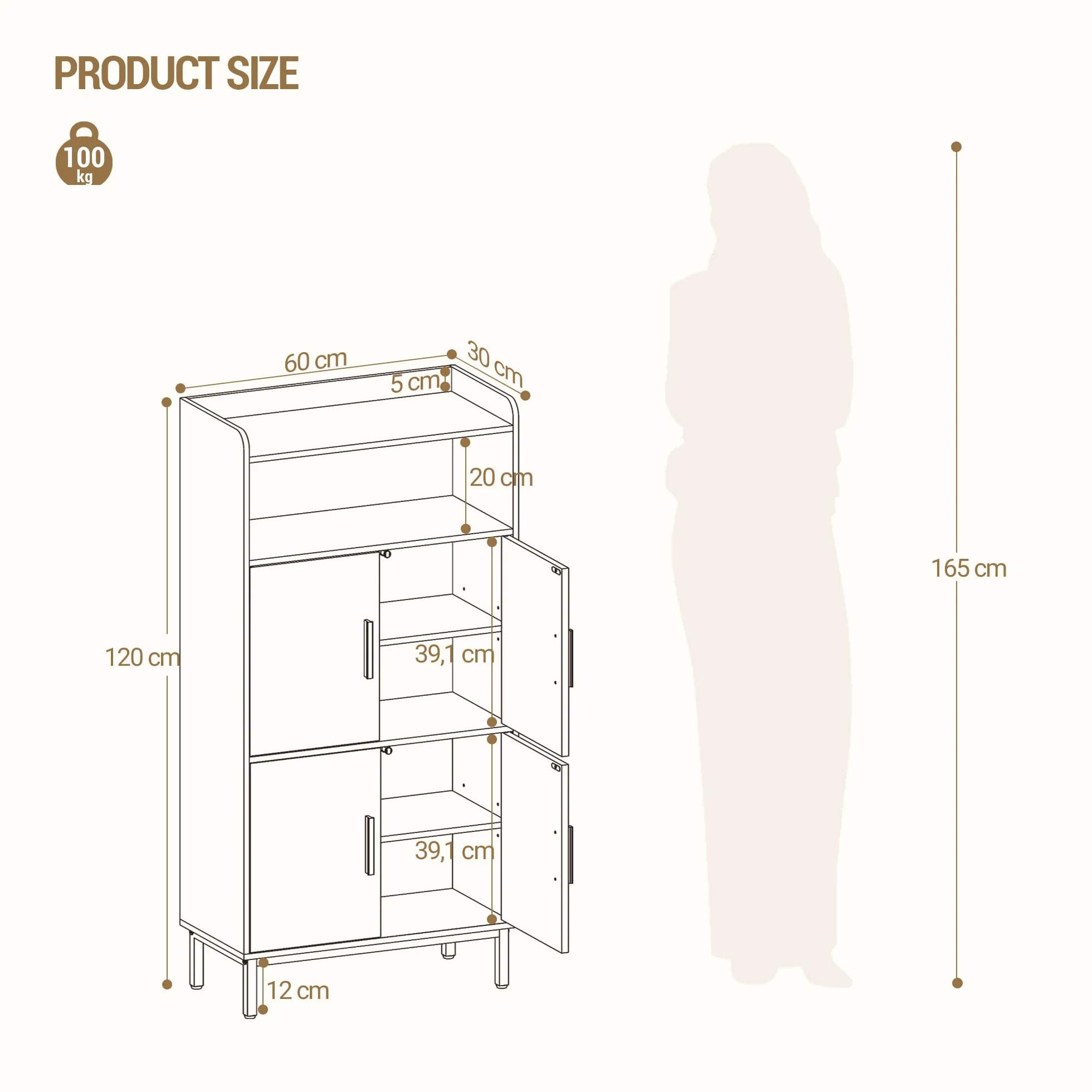 Hzuaneri Meuble Salle de Bain, Armoire de Rangement, Placard Cuisine avec 4 Portes et 1 Espace Ouvert, Armoire de Rangement, Étagères réglables, Salle de Bain, 30 x 60 x 120 cm, Blanc-Or SC45613G
