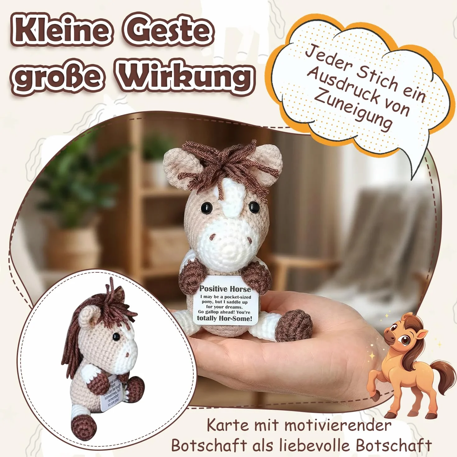 Poney porte-bonheur Hug Mutmacher avec carte You're Hor-Some, décoration amusante au crochet, cadeau anti-stress pour les fans de chevaux