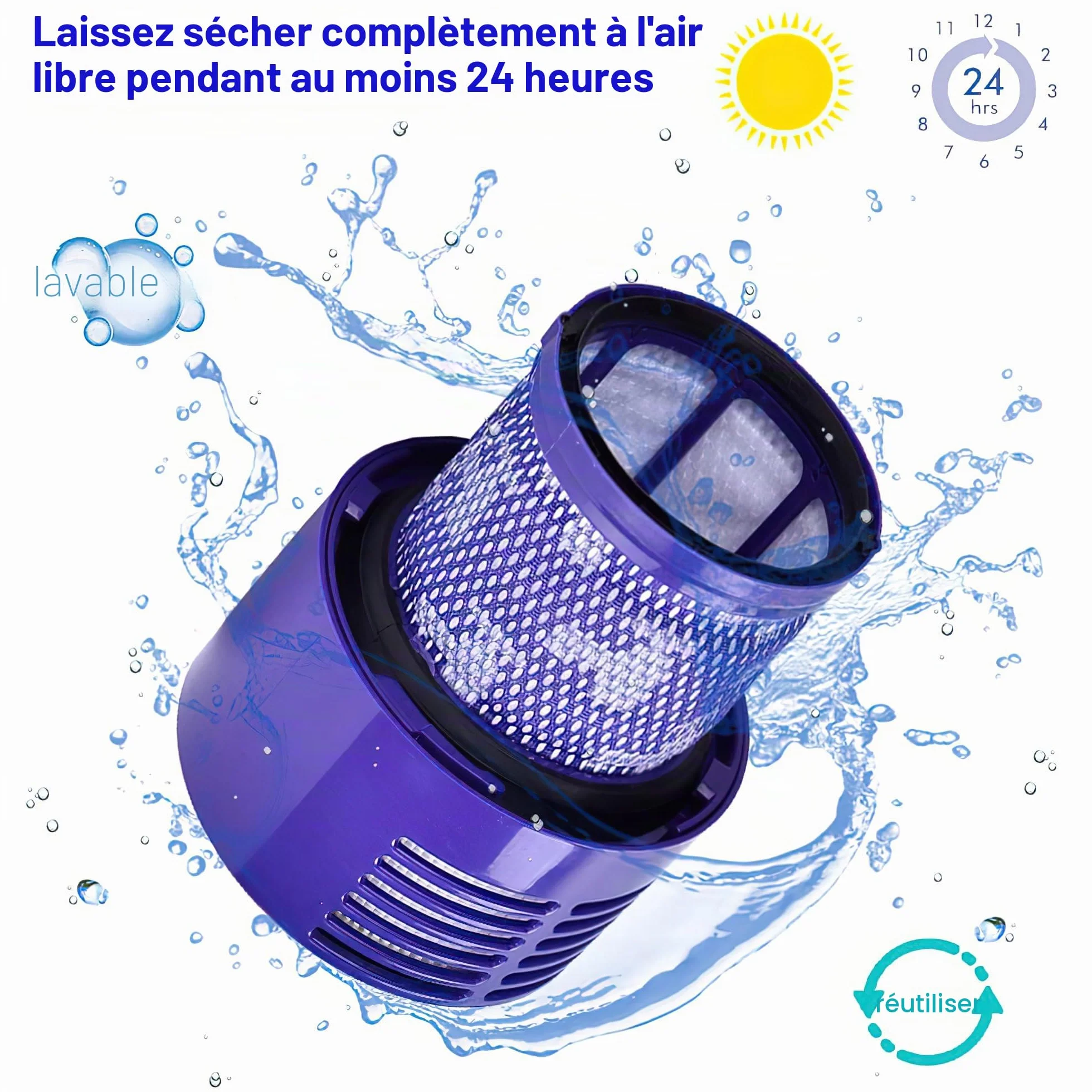 Lot de 2 Filtre pour Aspirateur Dyson V10 SV12, Lavable Réutilisable