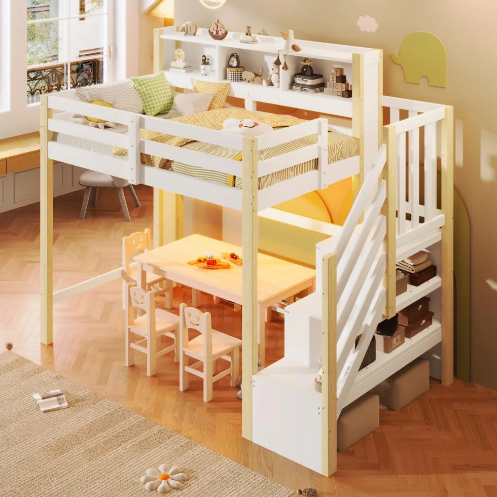 Sapgaks Lit Mezzanine Enfants 90x200cm,lit superposé Enfant avec lumières LED,lit Enfant avec Rangement sous Le lit,lit Enfant avec Barriere,échelle de Rangement,Blanc + Naturel