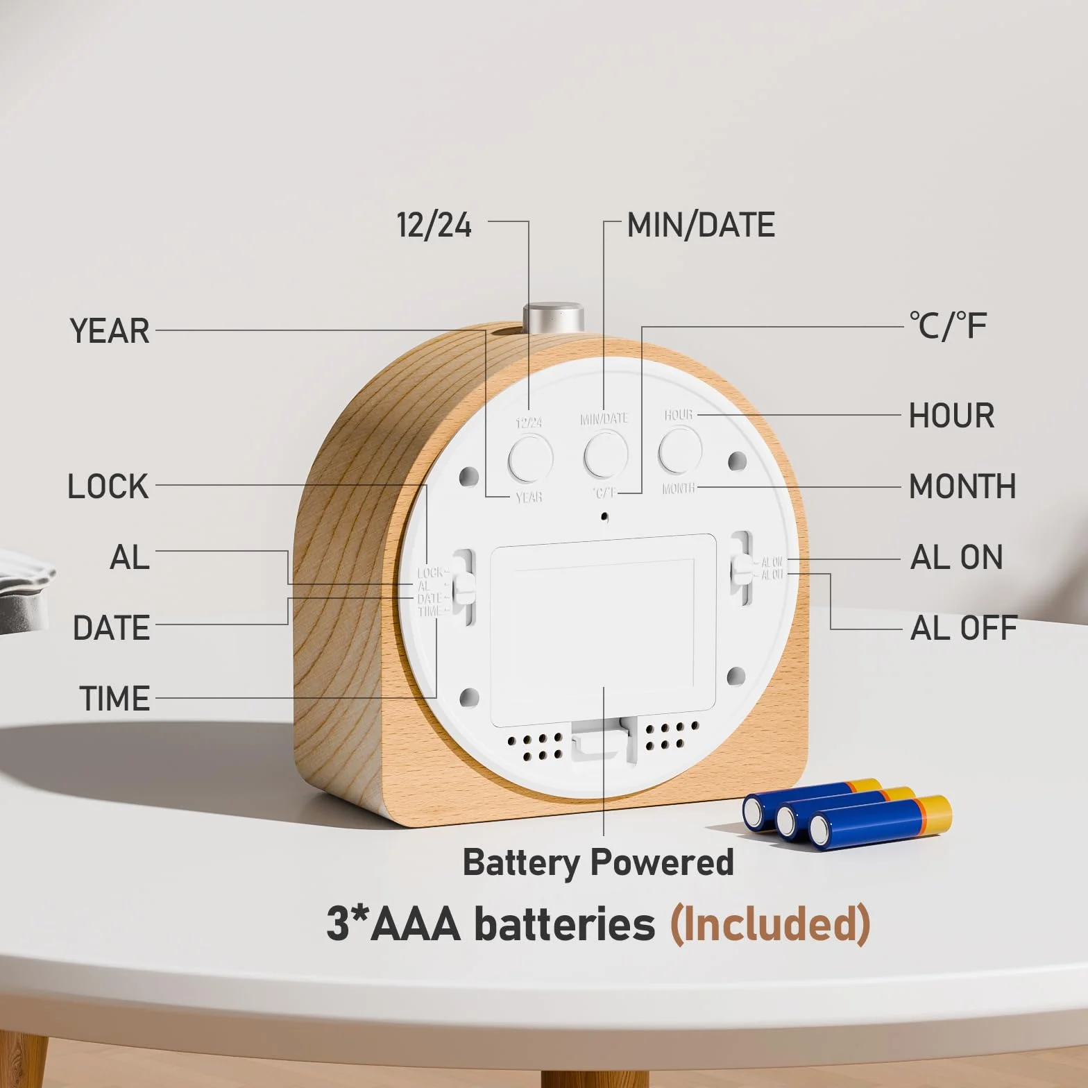 Réveil Numérique en Bois avec Écran LCD, Fonction Snooze, Affichage Date et Température, 12/24H