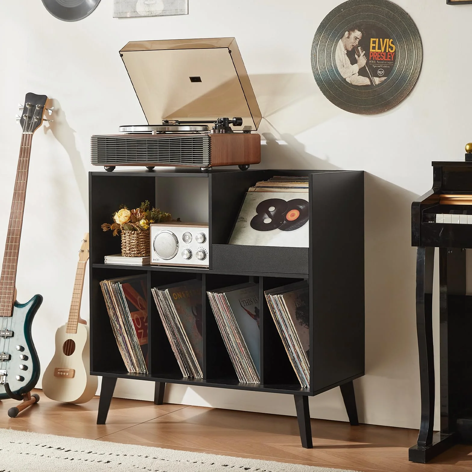 Großer Plattenständer mit Aufbewahrung,Plattenspieler-Ständer mit Ablage,Vinylplatten-Halterung mit Präsentationsfläche,Plattenständer für bis zu 300 Alben, Plattenregal für Musikzimmer und Wohnzimmer