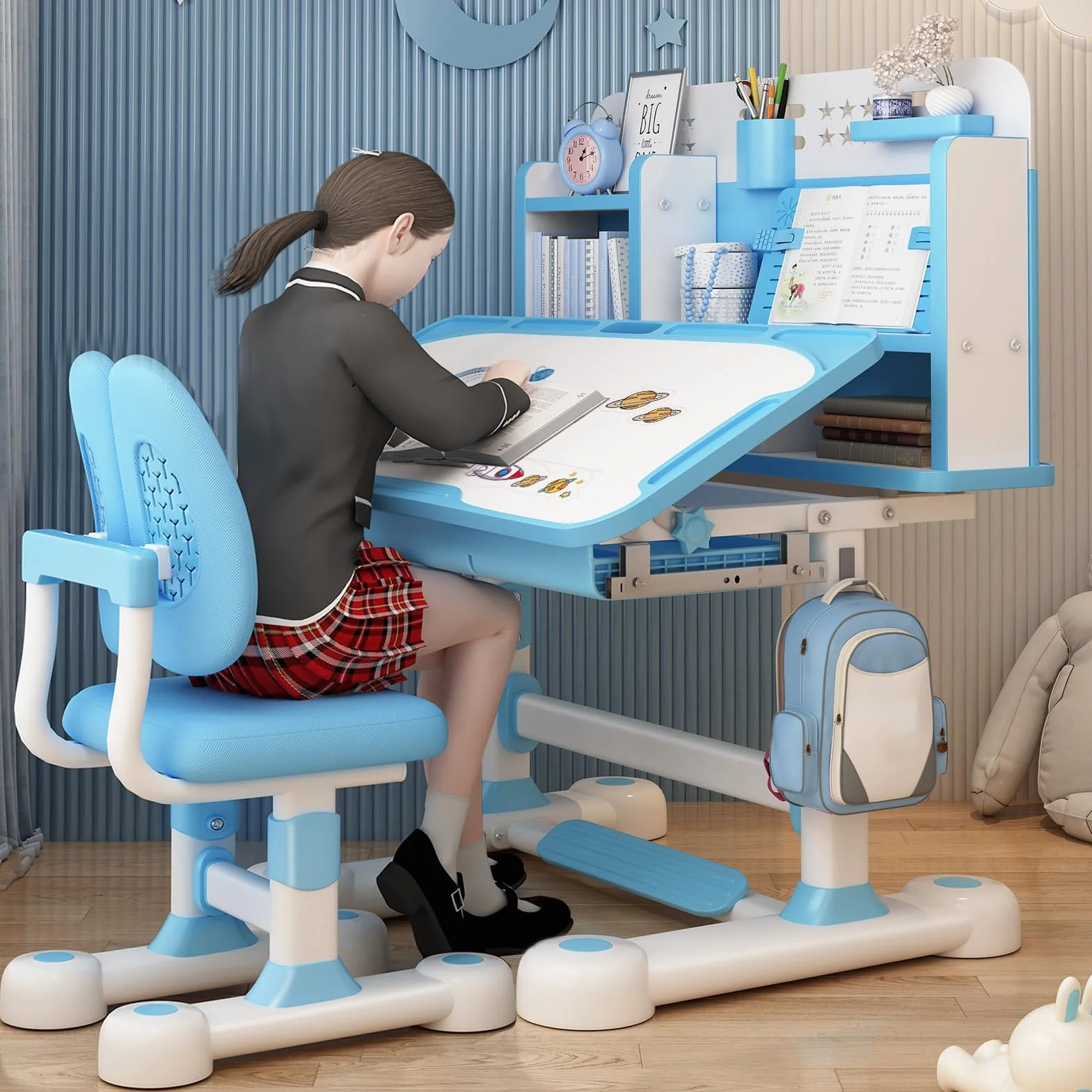 Table et chaises pour enfants avec bureau élargi de 80 cm, chaise de bureau pour enfants, correcteur de posture et soutien dorsal, table d'étude à hauteur réglable pour lecture/devoirs, bureau pour