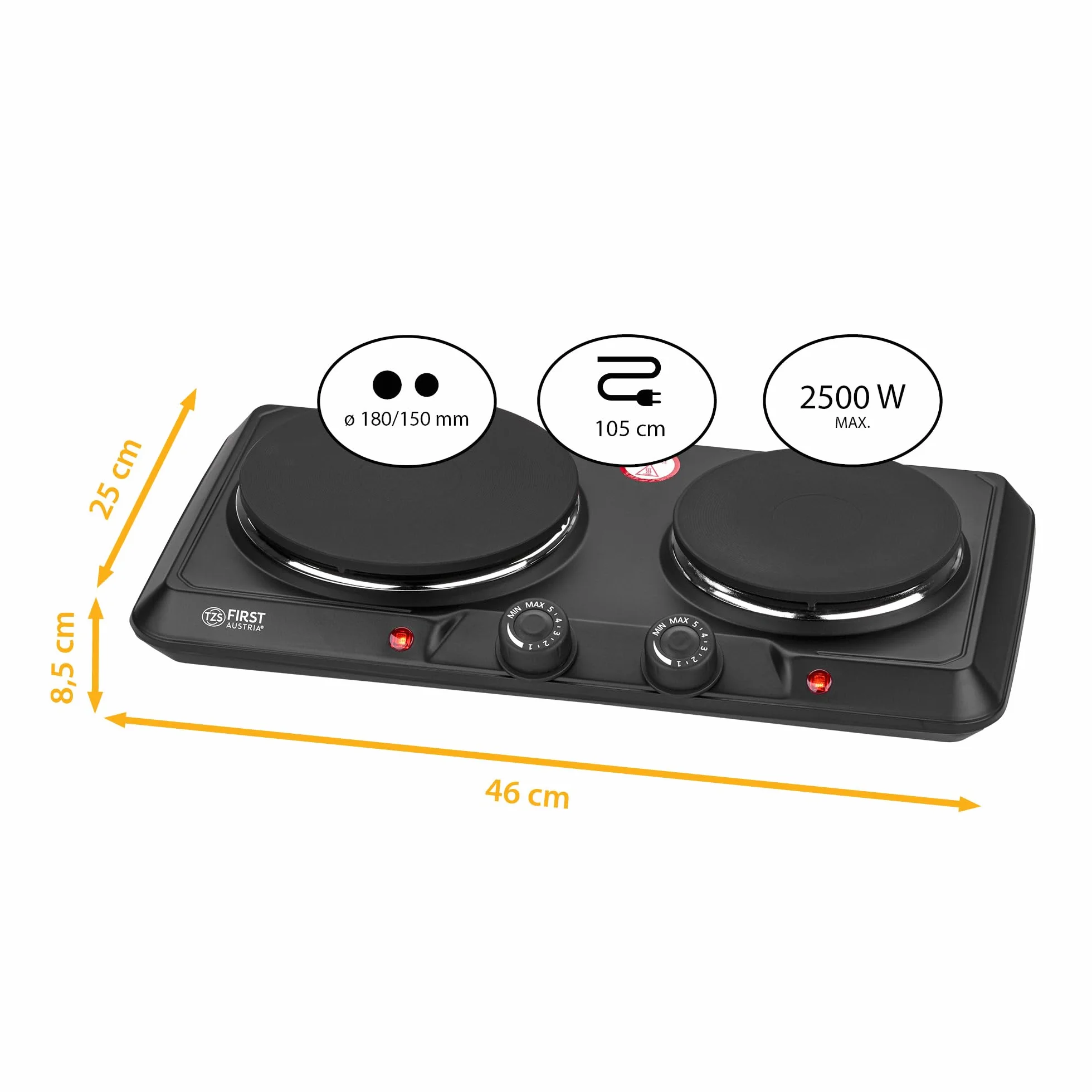 TZS First Austria - Double Plaque de Cuisson 2500W - Foyers en Fonte 180 & 150 mm - Thermostat Réglable - Réchaud Mobile pour Camping & Cuisine - Noir