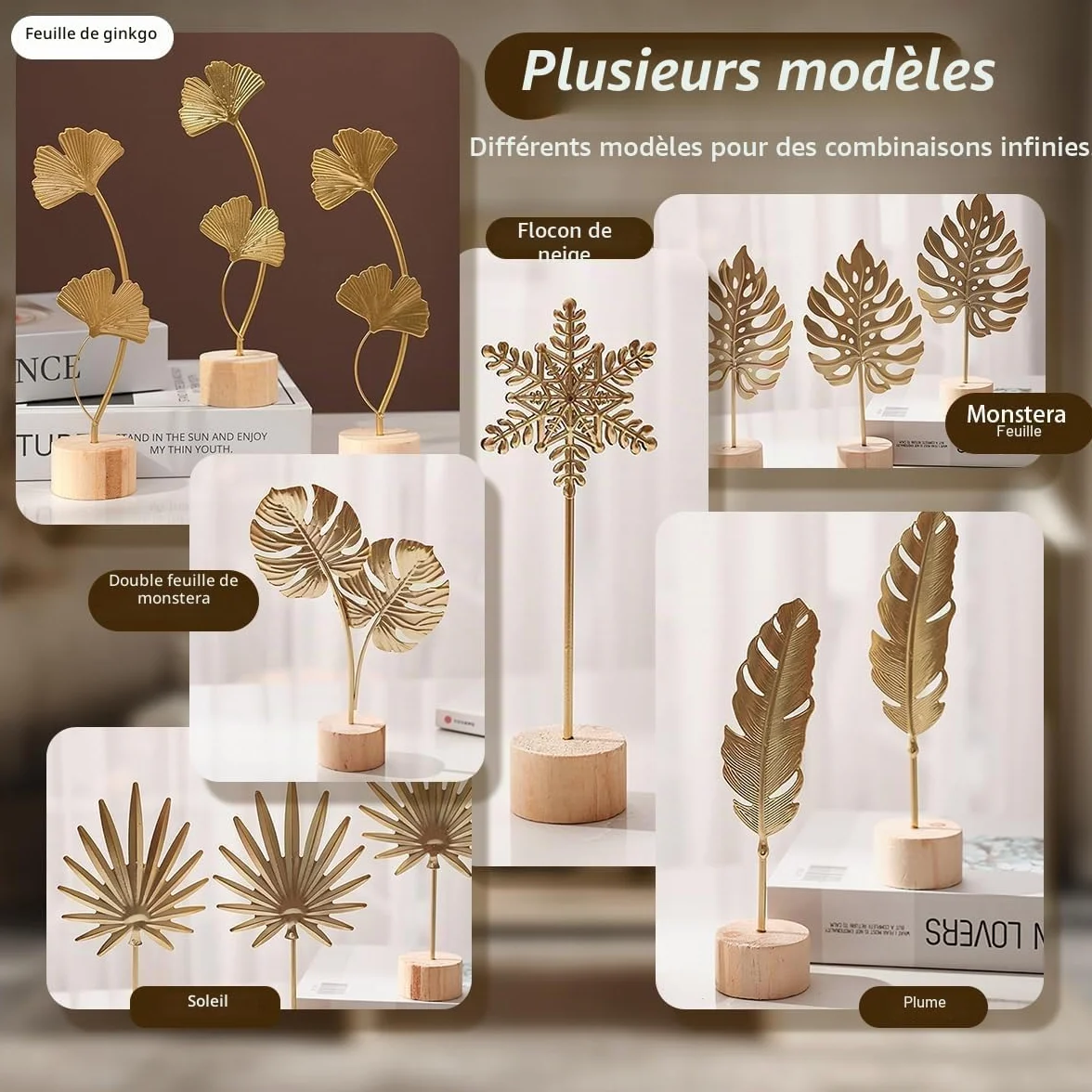Décorations murales Set de 3 Sculptures Ginkgo Monstera Plume Métal Doré Socle Bois Décoration Intérieur Salon Bureau