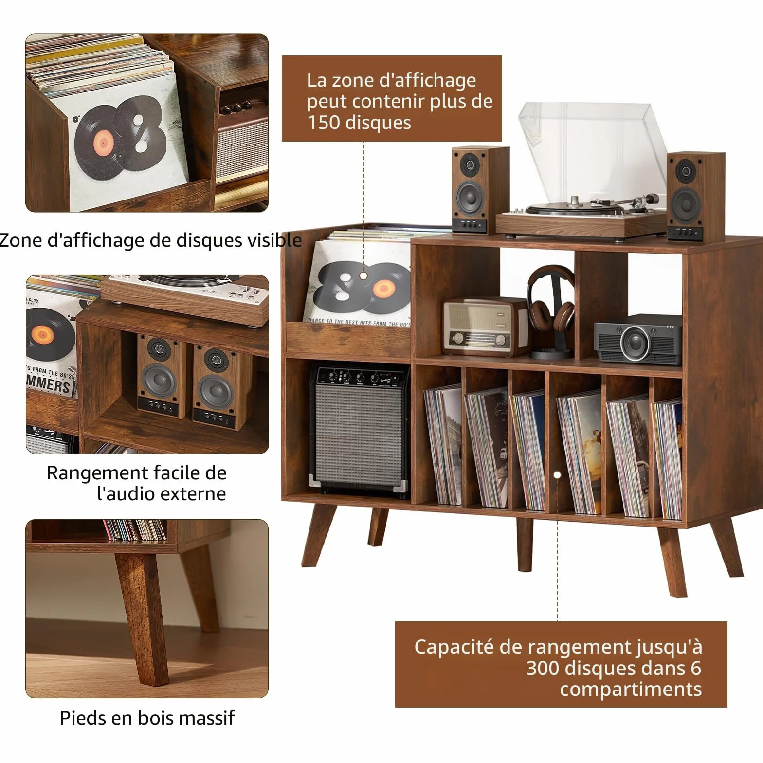 LELELINKY Grand support de tourne-disque avec rangement, support en vinyle avec zone d'affichage, table de tourne-disque pouvant contenir jusqu'à 450 albums, support de disque pour salle de musique