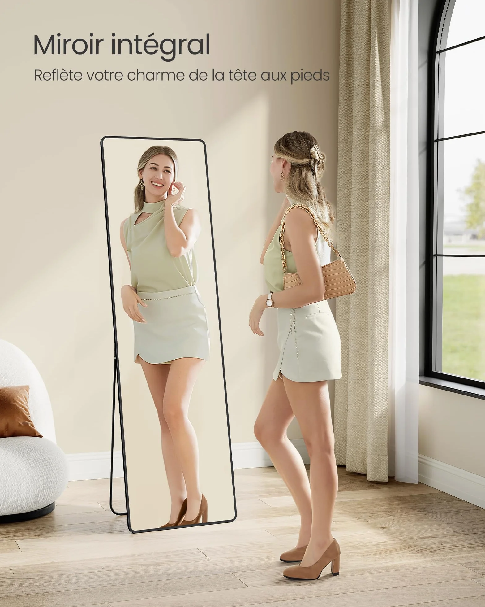 SONGMICS Miroir Intégral 165 x 50 cm Miroir Rectangulaire sur Pied Cadre en Alliage d’Aluminium Verre Trempé Noir d’Encre LFM030B01