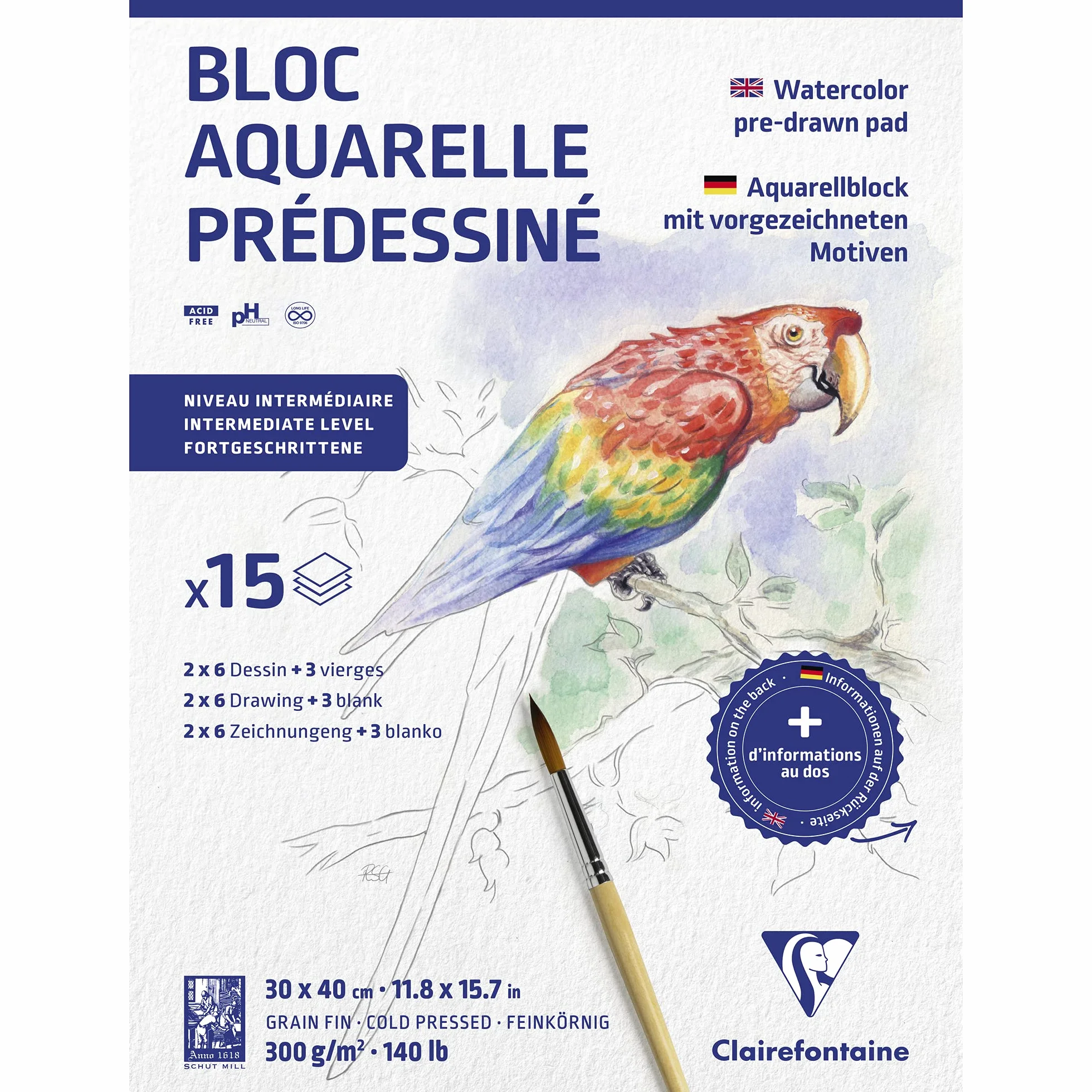 Clairefontaine 975725C Bloc Collé Aquarelle Prédessiné 30x40 cm 300g 15 Feuilles Animaux