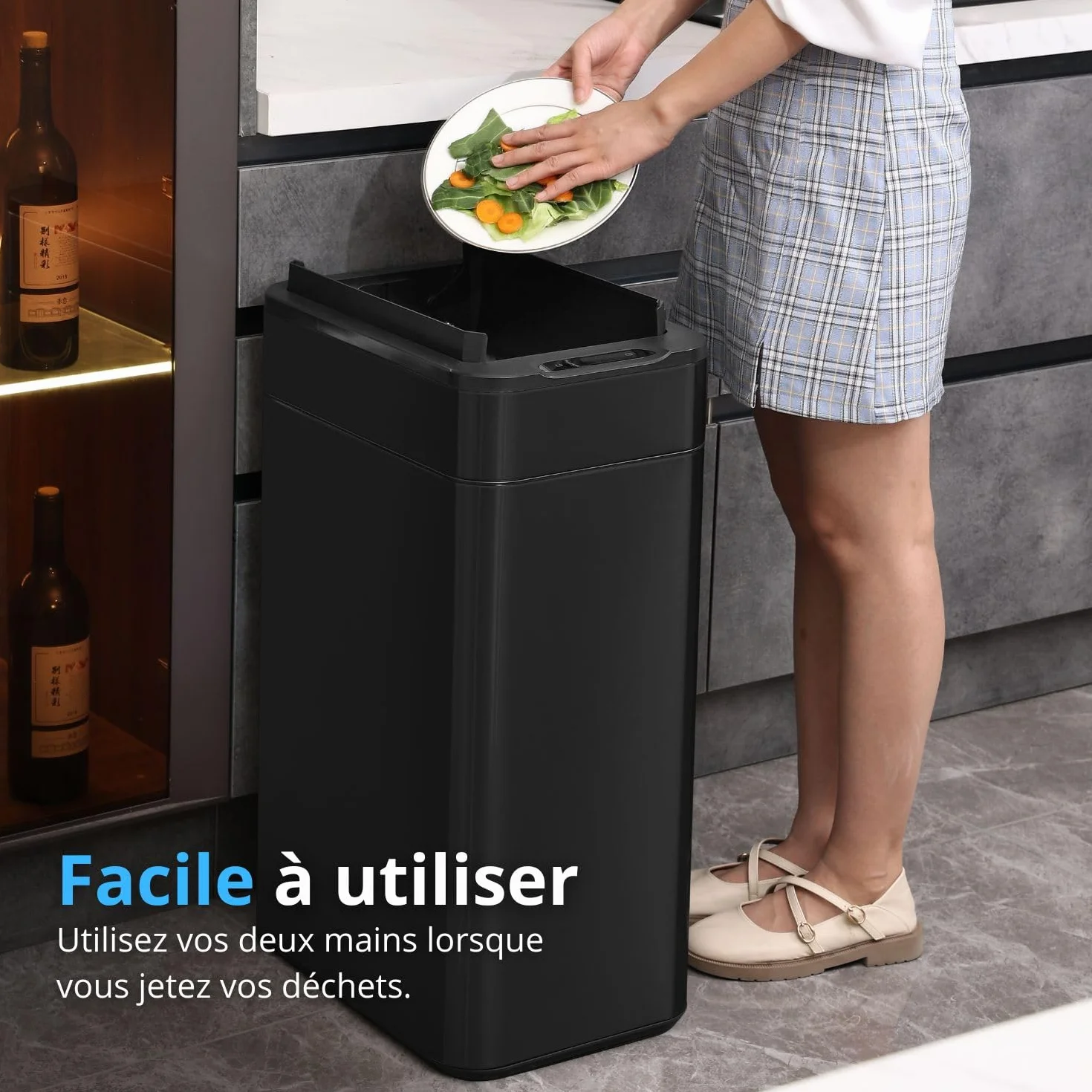 FLINQ Poubelle Cuisine 60 Litres Automatique – Poubelle Rectangulaire avec Couvercle Bascule – Grande Capacité pour Cuisine Moderne – Design Inox Élégant - Noir