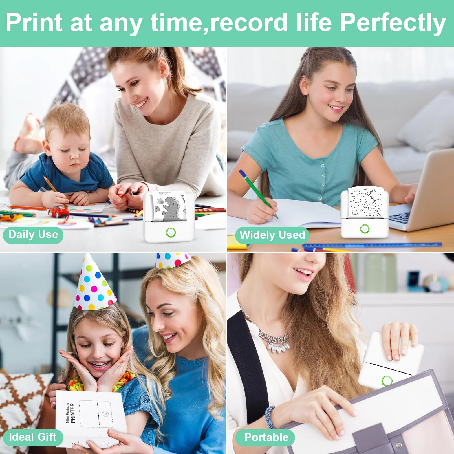 GuKKK Mini drukarka, mobilna drukarka fotograficzna, przenośna, bezprzewodowa drukarka termiczna, 13 rolek papieru do drukarki i 5 kredek, smartfon Bluetooth, do listy, dziennika