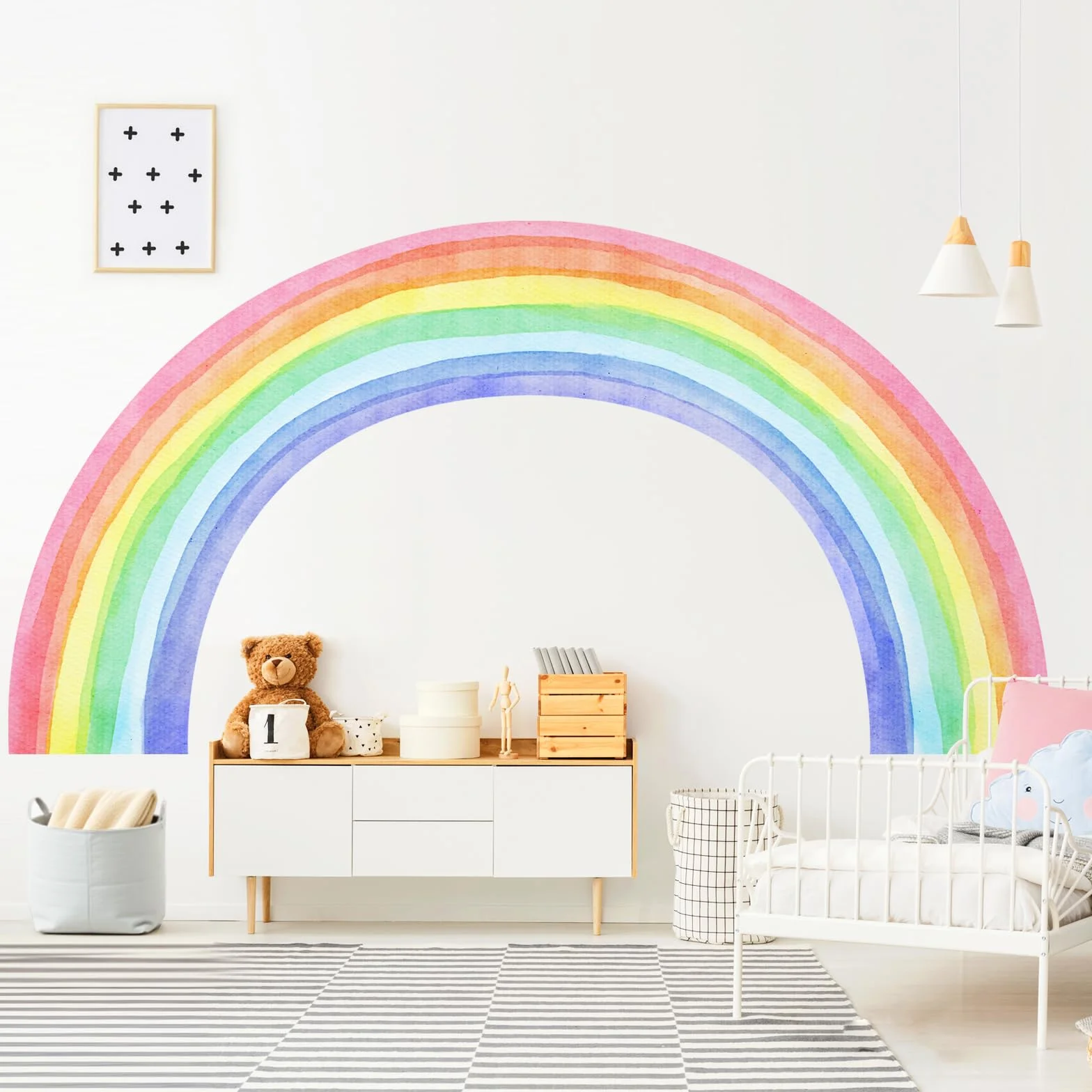 Autocollant Mural Arc en Ciel Aquarelle Grand Format 210x108cm Vinyle Deco Chambre Fille Nursery Salle de Jeux