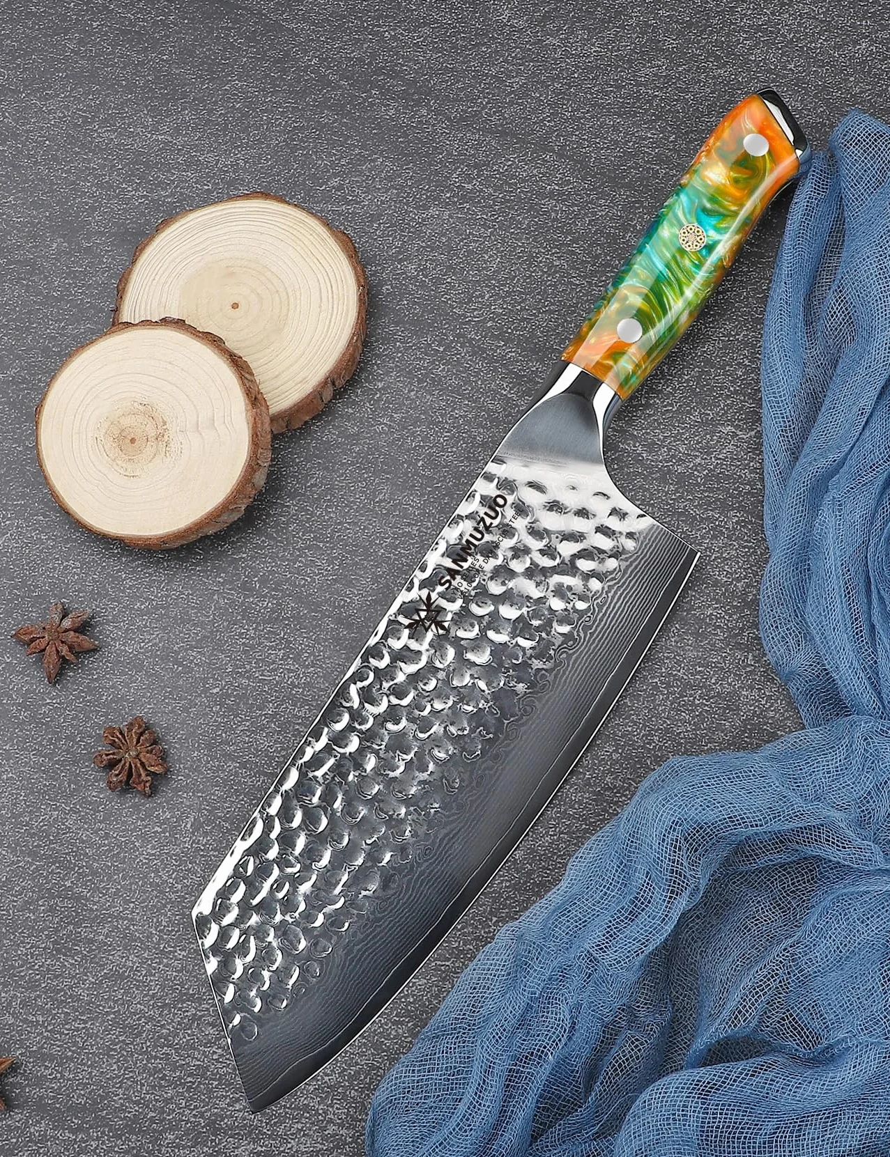 Couteau Nakiri 19,5 cm - Couperet à légumes de cuisine - Couteau japonais Usuba - Acier Damas martelé et manche en résine - Série YAO