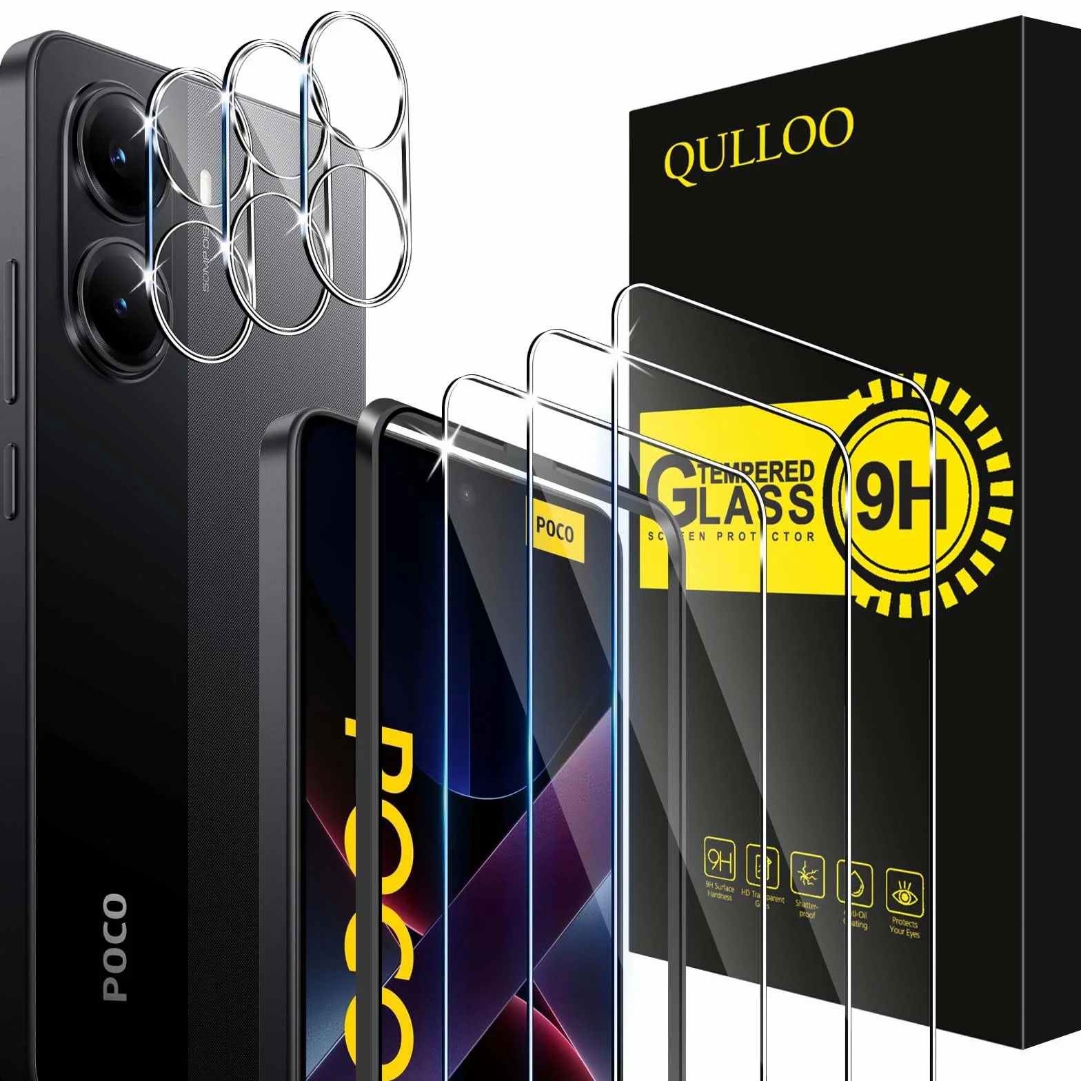 QULLOO Ochraniacz ekranu do Xiaomi Poco X7 Pro 5G, zestaw 3 ochraniaczy ekranu z 3 osłonami aparatu, szkło hartowane o twardości 9H, przezroczyste szkło ochronne HD, folia odporna na zarysowania