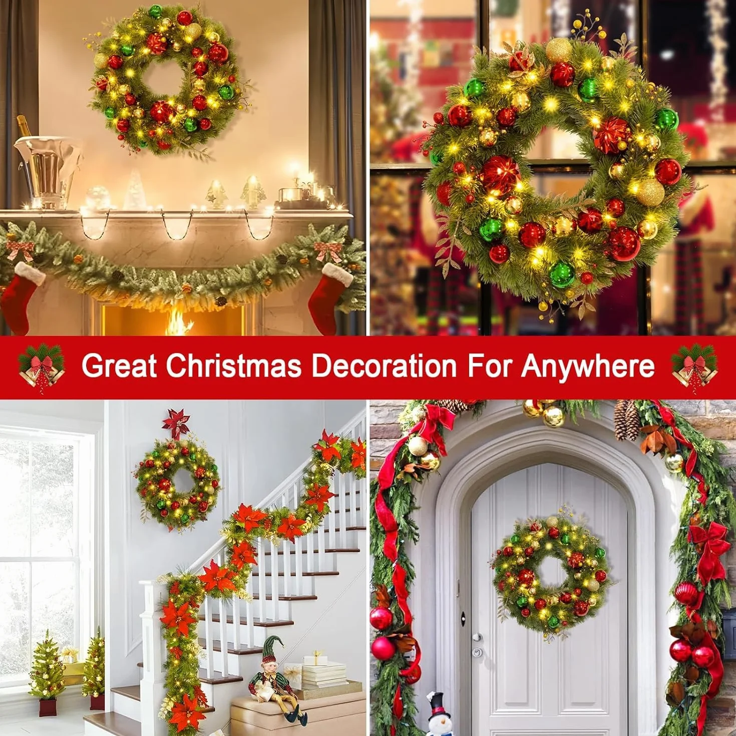 Avoalre 40CM Couronne de Noël LED Piles avec Minuterie 8 Modes Couronne de Noël Lumineuse pour Porte d'entrée Cheminée Mur Festival de Noël Décoration de la Maison