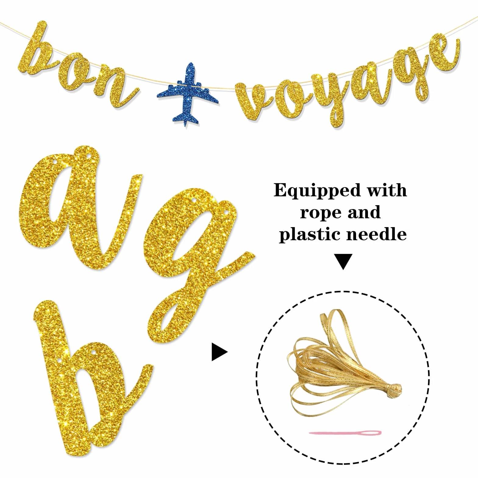 Bannière Bon Voyage – Banderole de fanions de fête sur le thème du voyage – Paillettes dorées