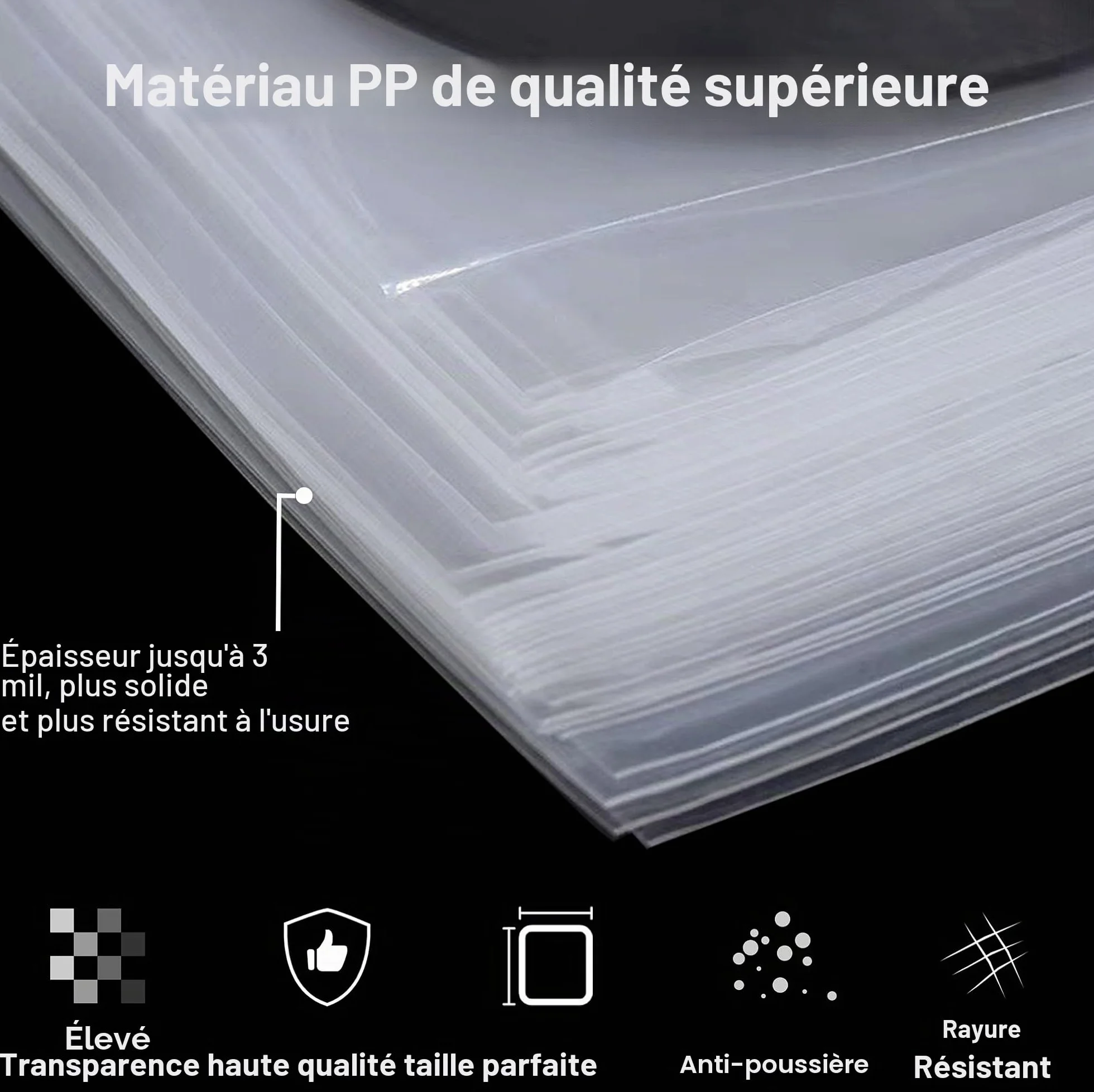 Pochette Vinyle 33 Tours Extérieur 12 Pouces, 50 x Pochette Protection Vinyle Transparente en Polypropylène Durable