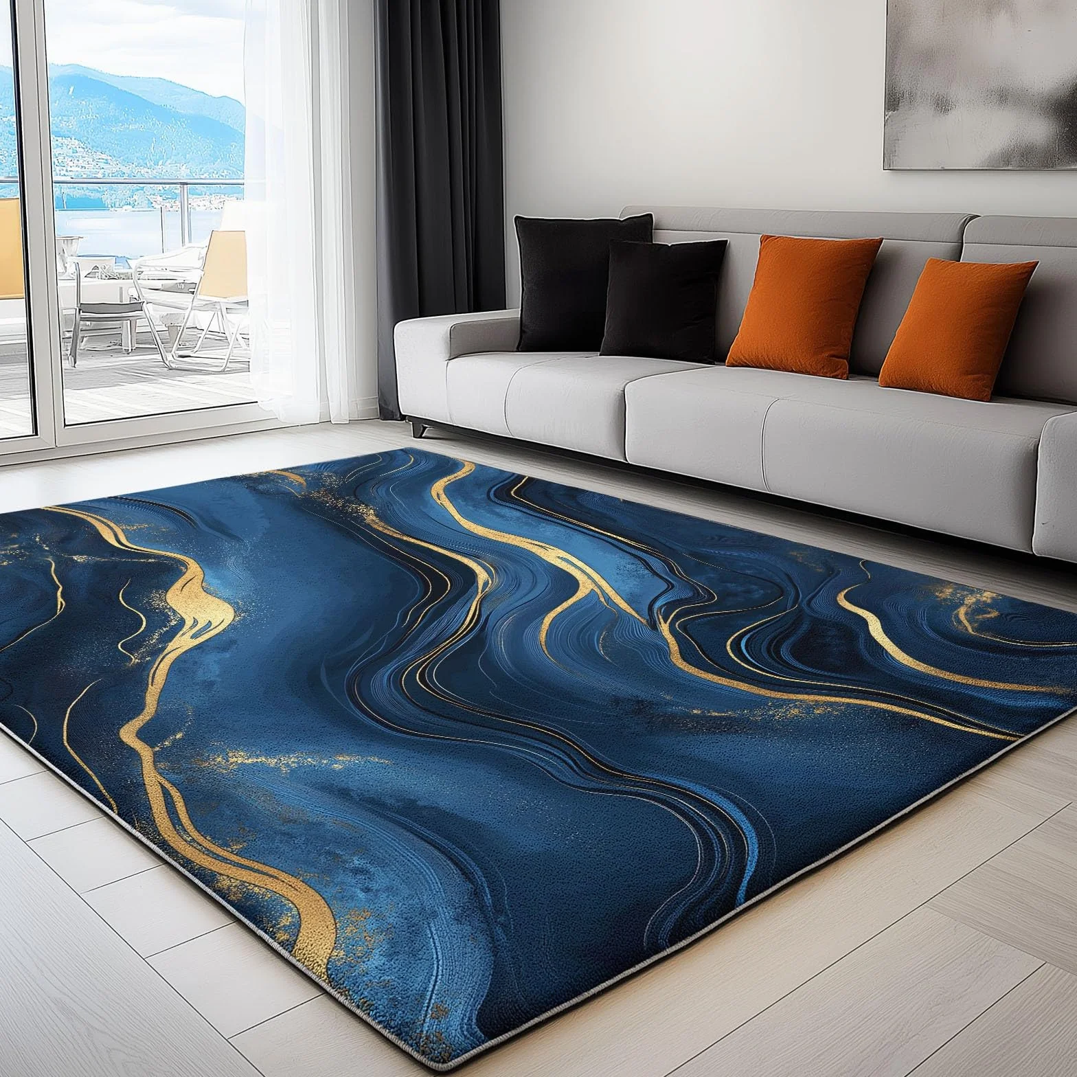 Tapis Salon Chambre Adulte Poil, Tapis à Poils Courts et denses Motif Lignes De Marbre Abstraites, Tapis Lavable en Machine Antidérapant Bleu Foncé Or, 60 x 110 cm